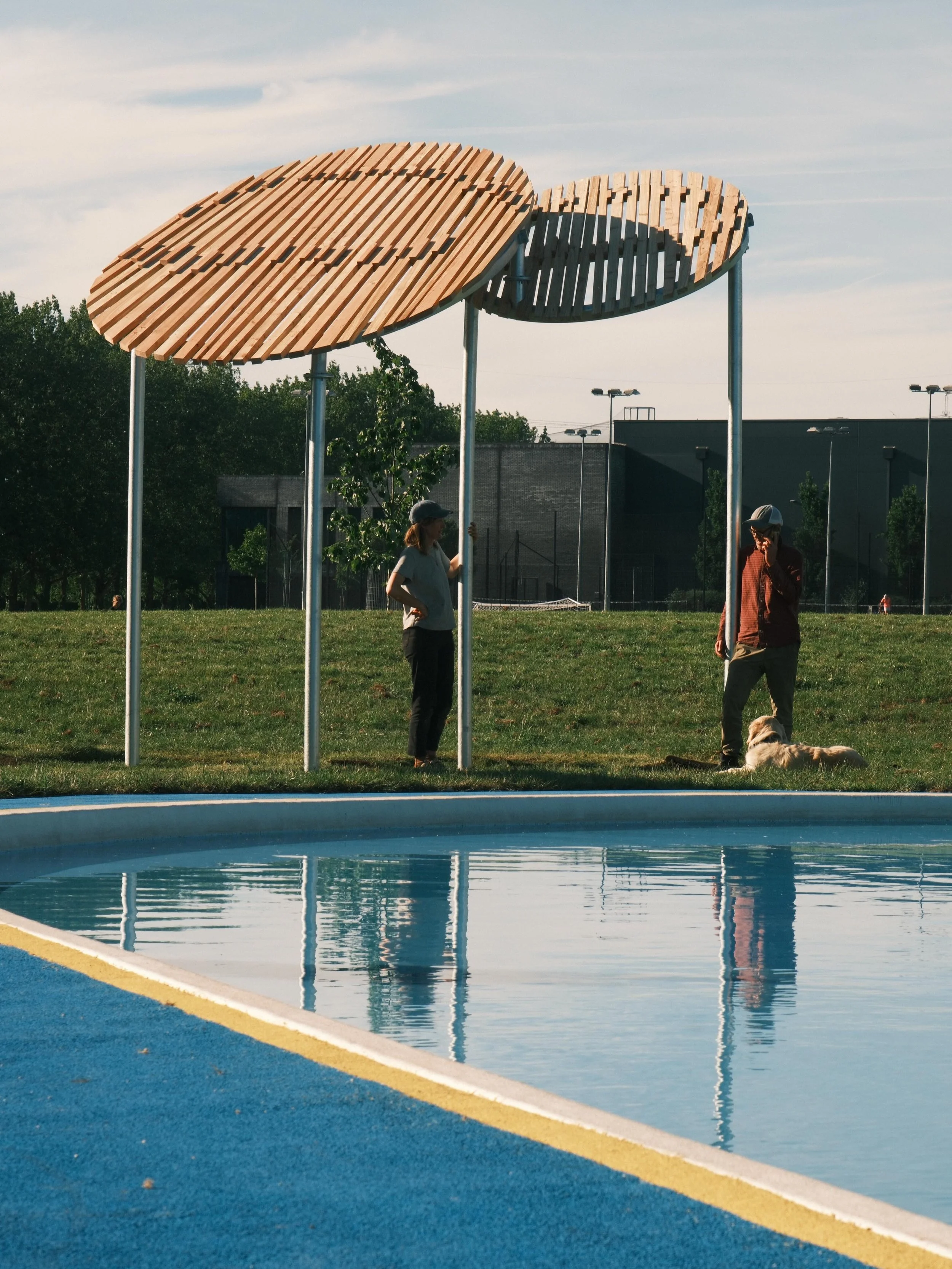 &lsquo;Cellular Shade&rsquo; being installed in Eastleigh. 

We&rsquo;ll be back soon to install more shading around this much loved public pool. 

We looked at circular views of tree canopies from above and wood under a microscope to create the shap