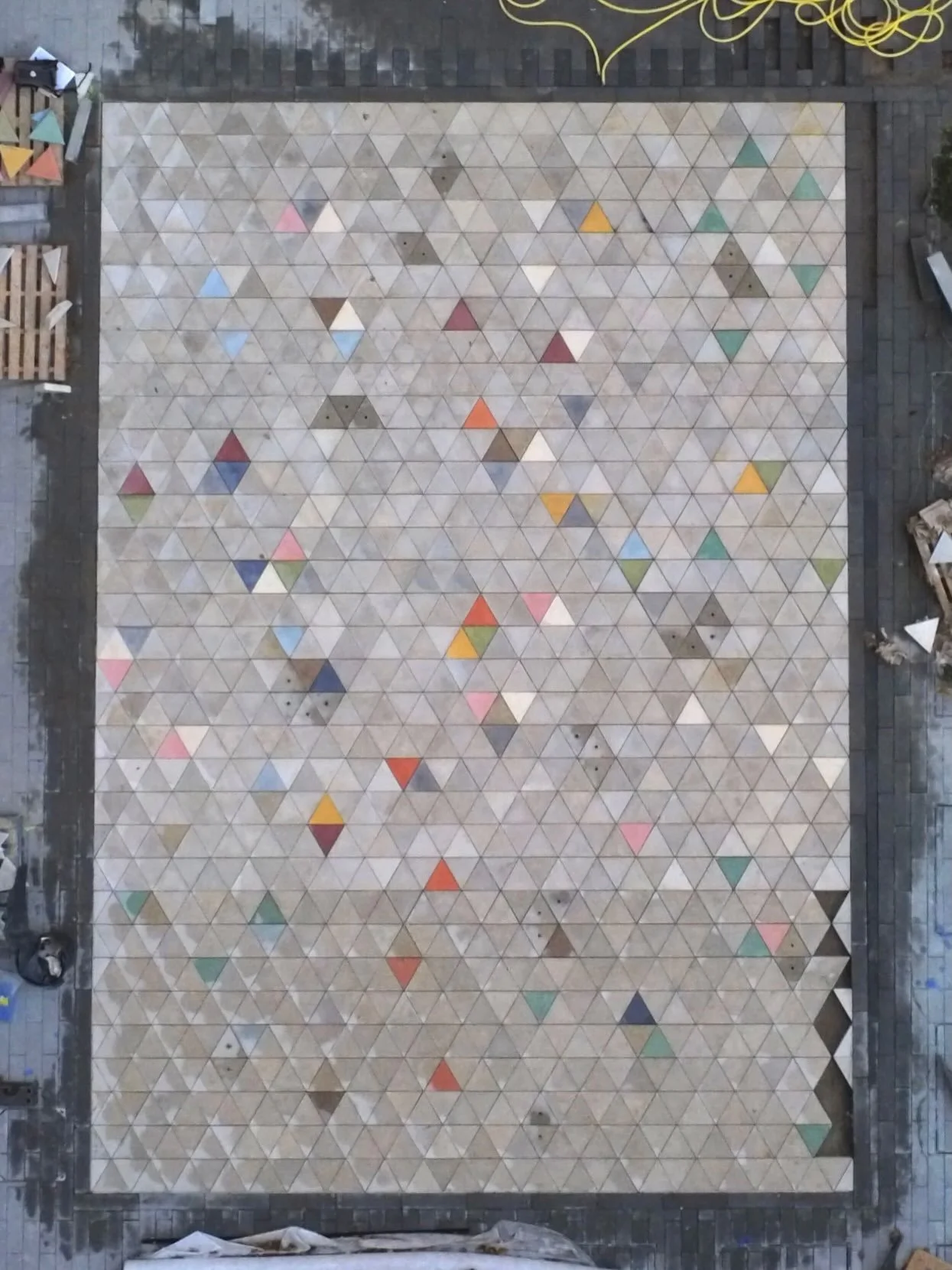 Thinking about the connections between colour, gardening, quilting and geometry.

I realised that our first public artwork, Courtyard Constellation in Southampton, has an unexpected quilt-like quality when viewed from above.

Tessellating pattern and