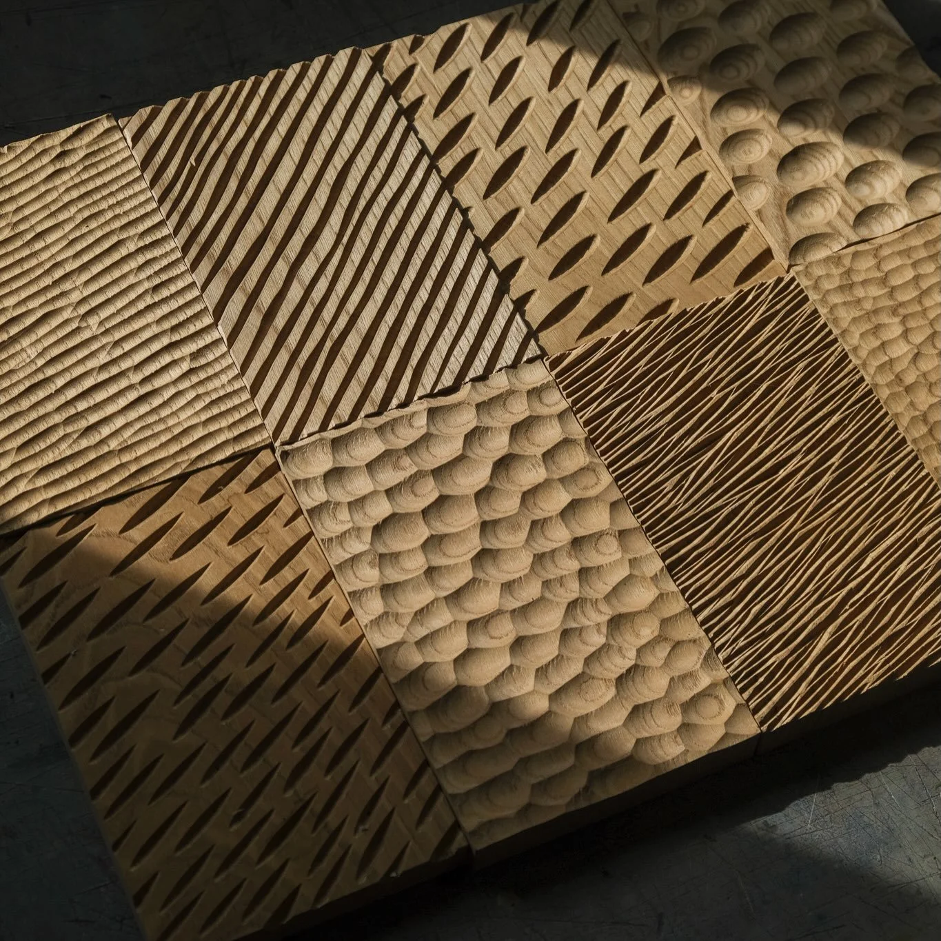 Carving samples on Sweet Chestnut. 

In strong sunlight and overcast.