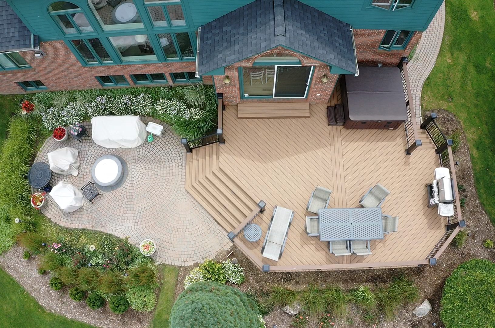 Antique leather, Herringbone, 3board divider, custom steps, hottub footings