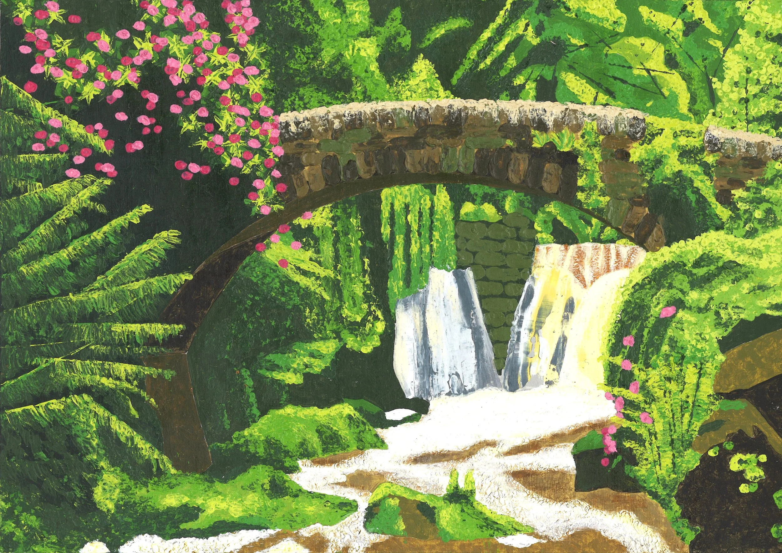 Jesmond Dene Old Mill and Waterfall Heavily Textured Painting