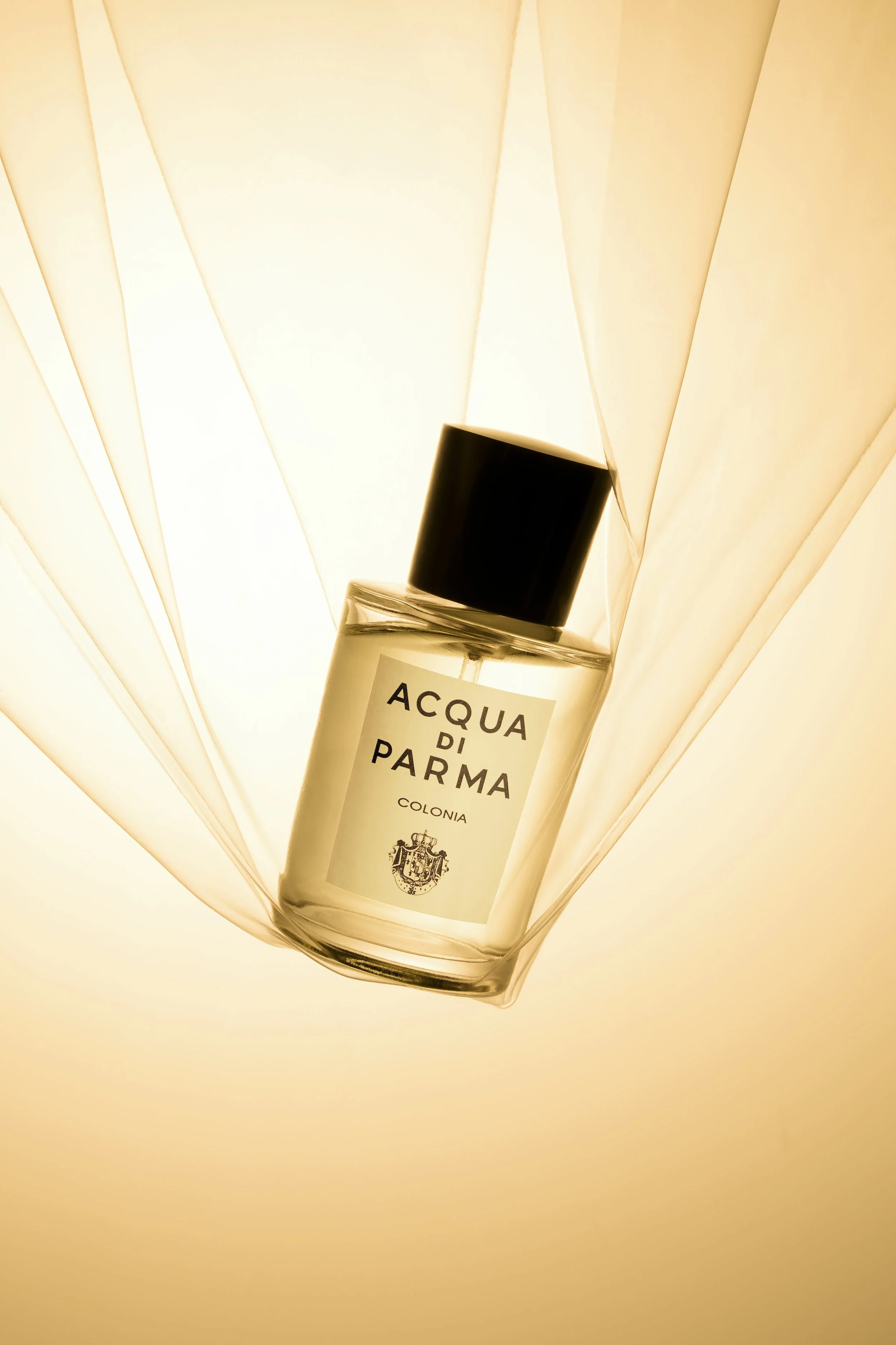 Perfume bottle suspended within flowing fabric, lit with warm golden light.