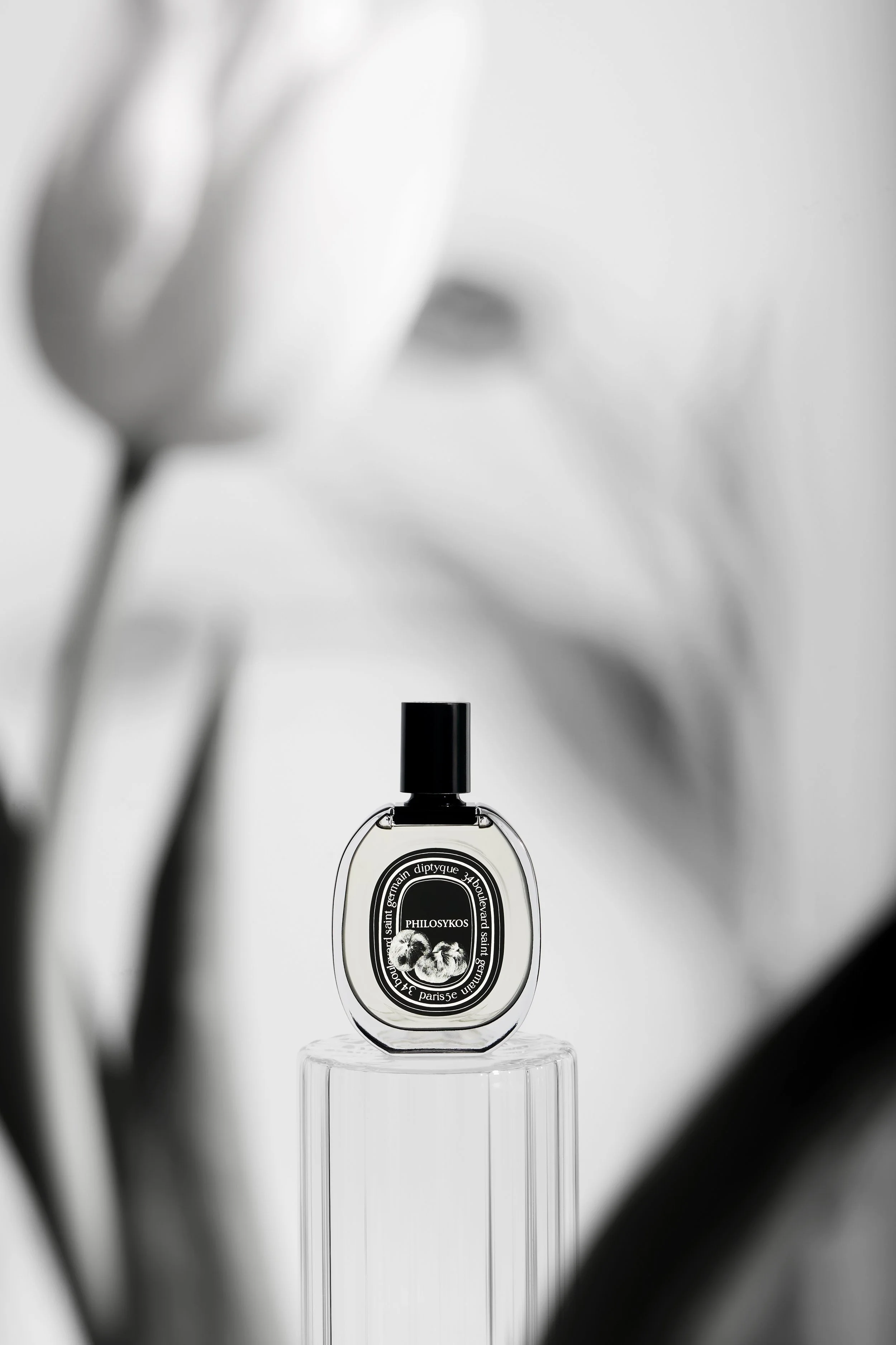 Perfume bottle on pedestal with blurred tulips in background.