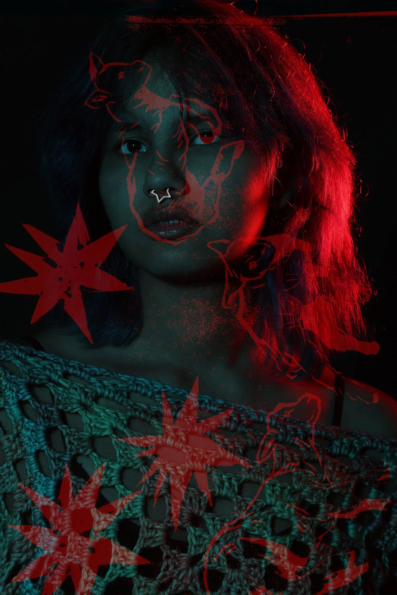 Portrait with double exposure blending artwork and crochet textures, illuminated by red lighting