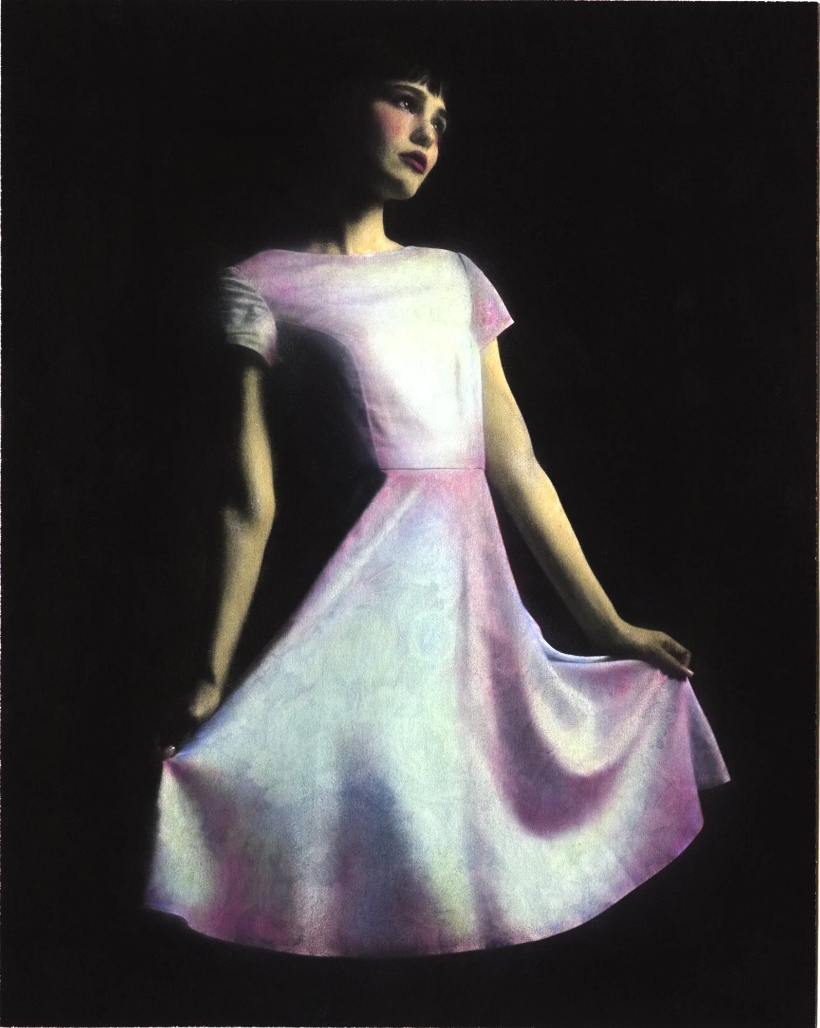 Woman wearing magenta dress, holding bottom of garment, black background, hand coloured