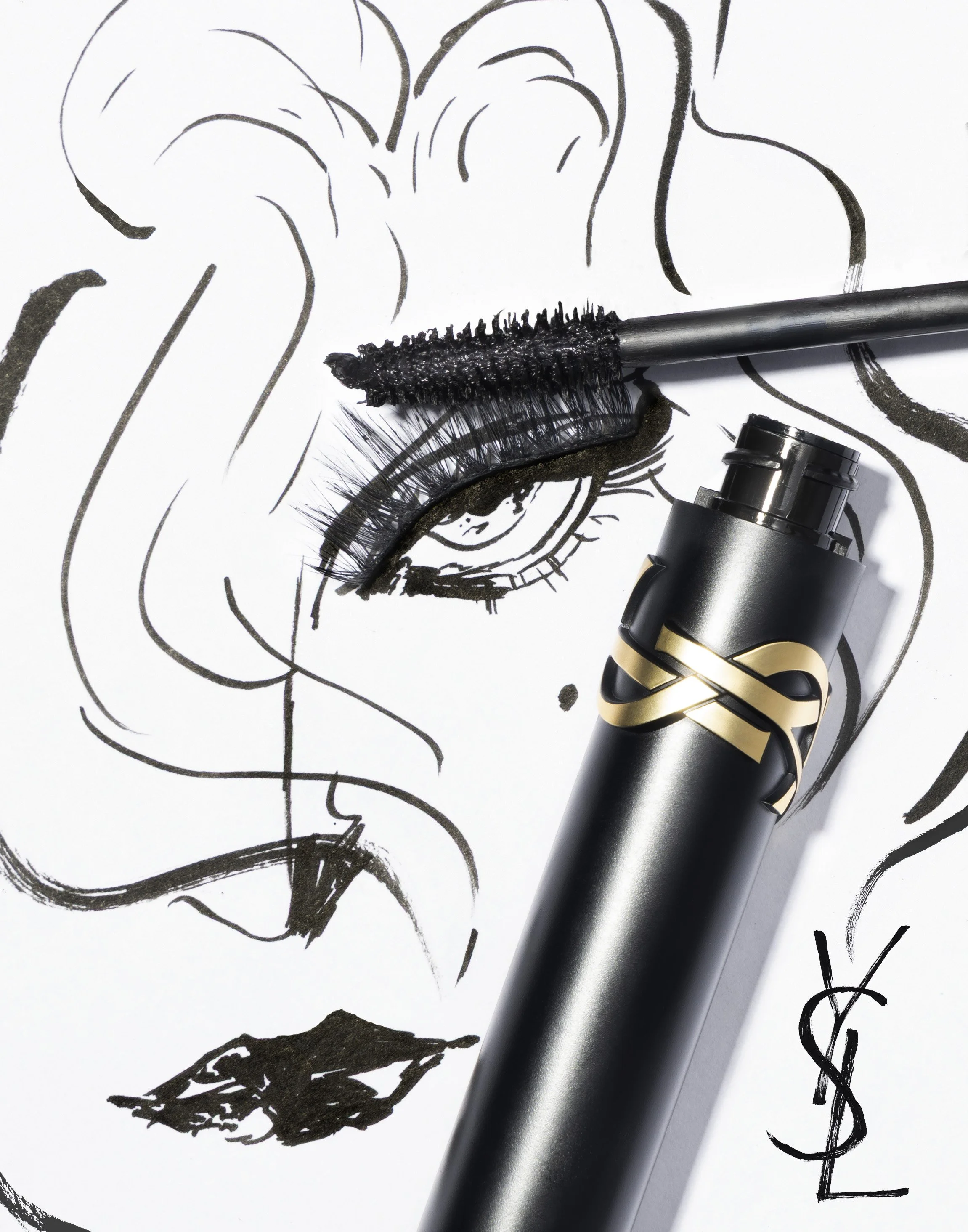Illustrative woman with a mascara brush tangled in her eyelashes.