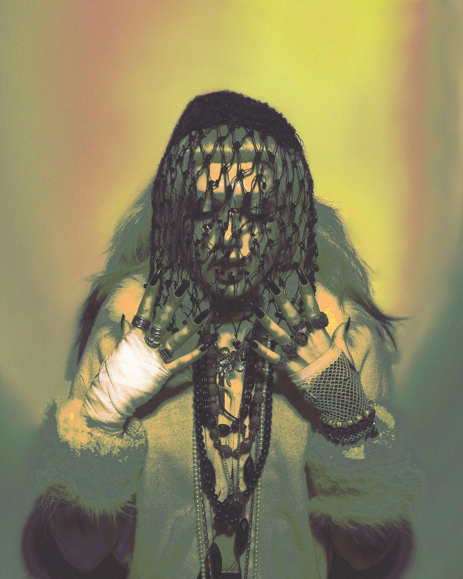 Editorial beauty fashion model headpiece accessories bright colours