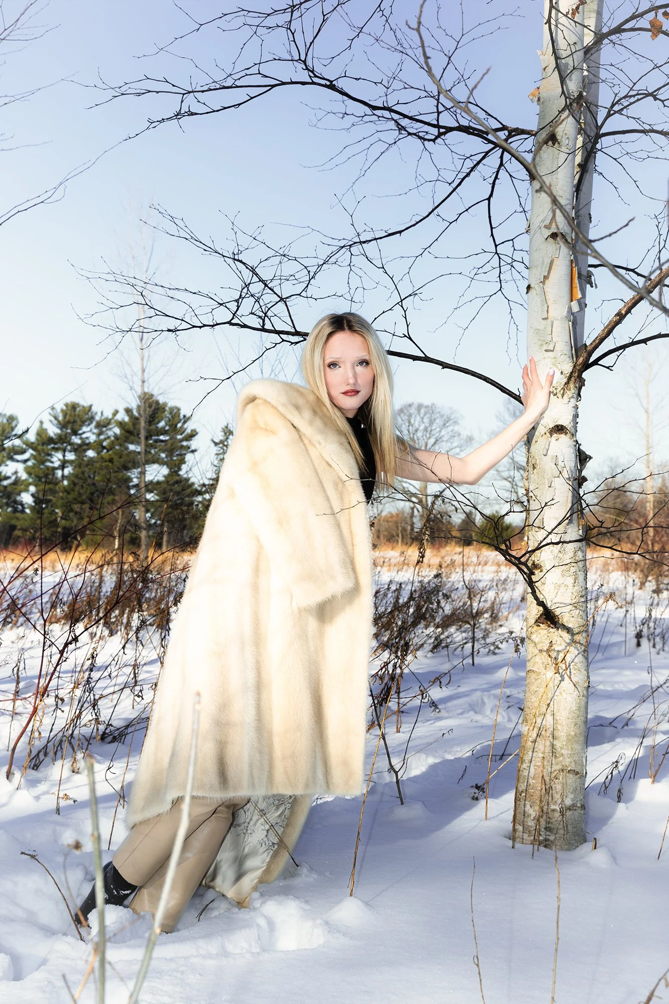 Woman wearing cream leather pants and fur coat over shoulder, leaning against birch tree, in  snowy forest.