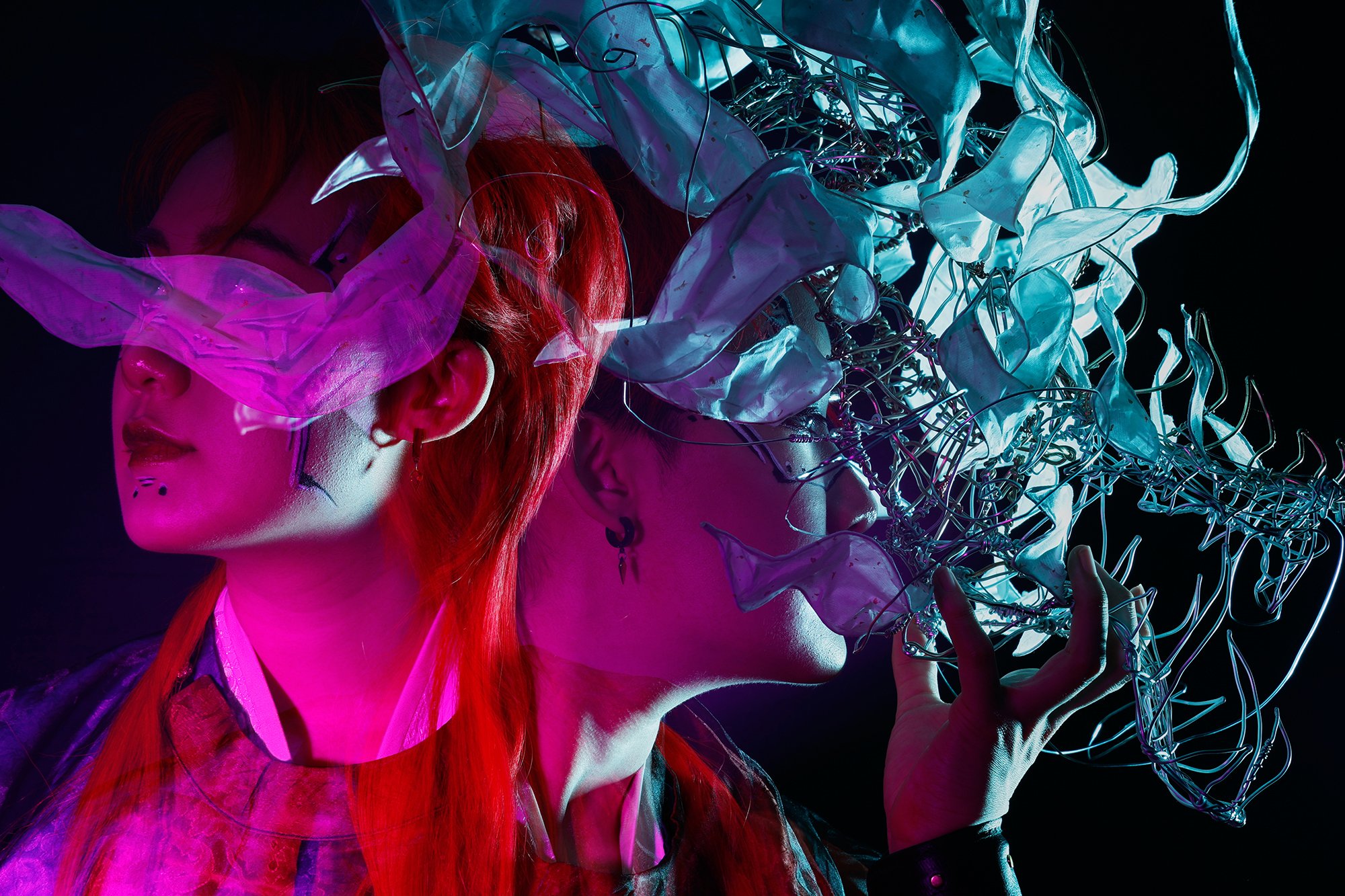Portrait with double exposure, neon lighting, bold makeup, mask overlay across face