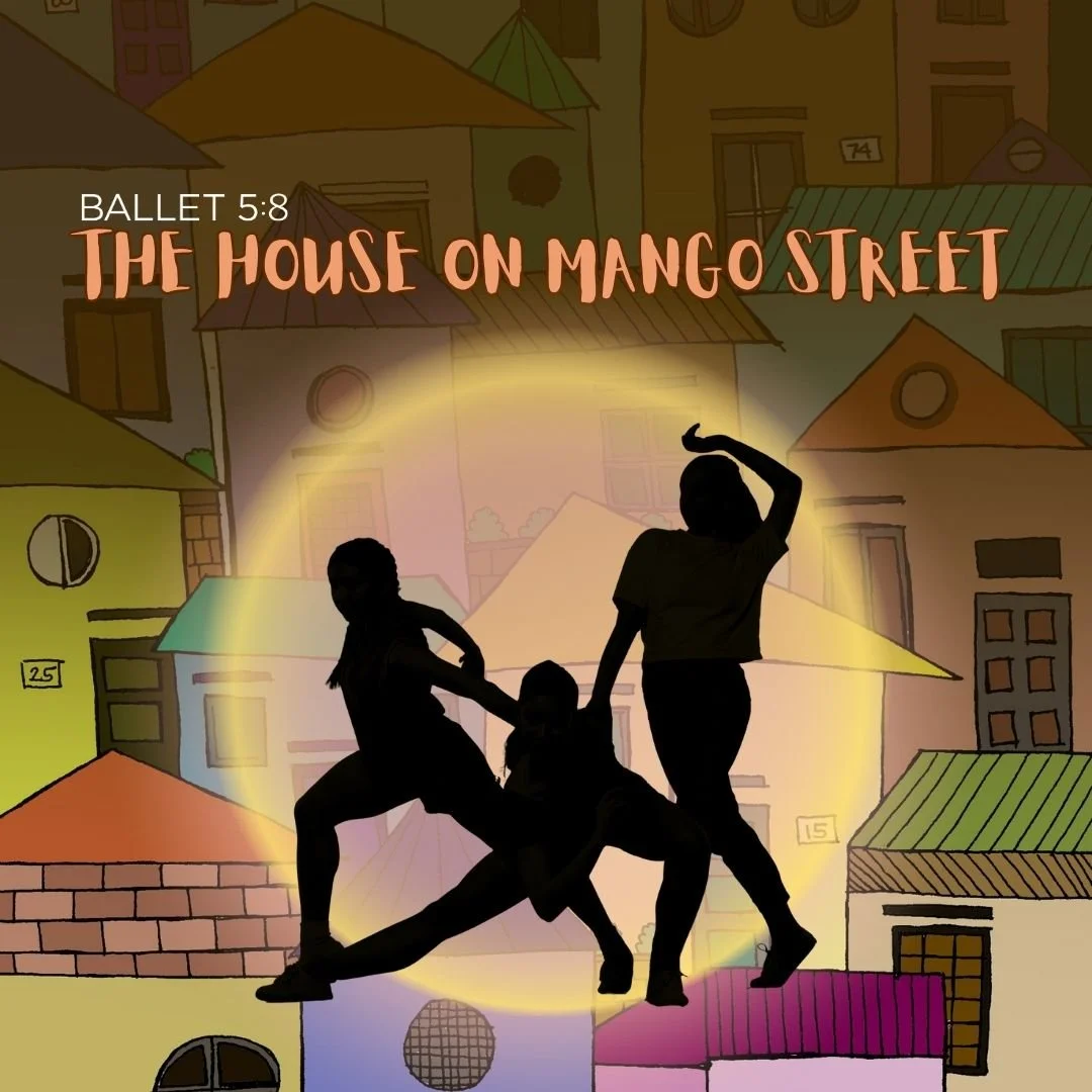 A woman in a black shirt gesturing with her hands in front of a colorful illustrated background of houses, with text reading 'The House on Mango Street' at the top.