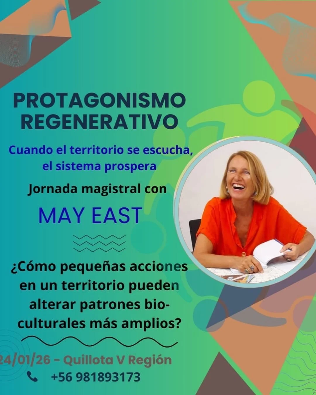 Taller Protagonismo Regenerativo
Con May East

S&aacute;bado 24 de enero 2026
09:00 &ndash; 18:00
Nido Raut&eacute;n, Sector Raut&eacute;n &ndash; Quillota, Regi&oacute;n de Valpara&iacute;so, Chile.

Te invitamos a poner en acci&oacute;n tu compromi