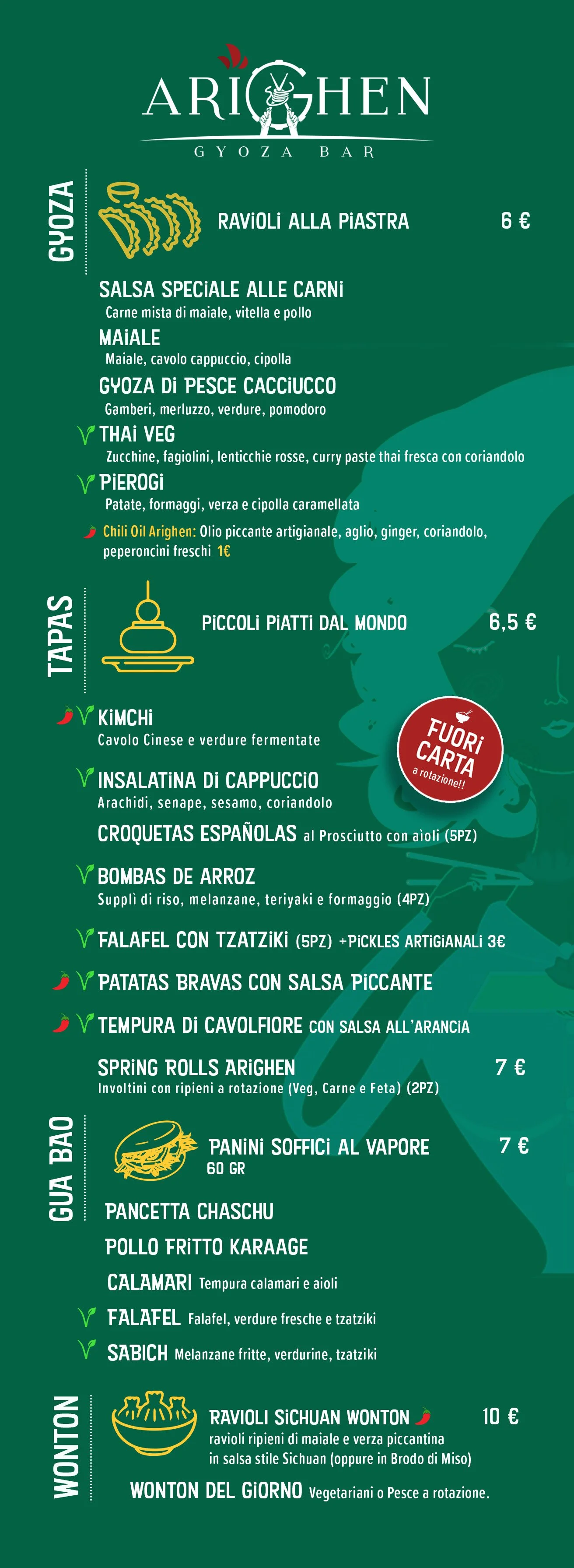 Menu del ristorante Arighean Gyoza Bar con piatti di ispirazione cinese, giapponese, thailandese e spagnola, inclusi ravioli, tapas, bao, wonton e altre specialità.