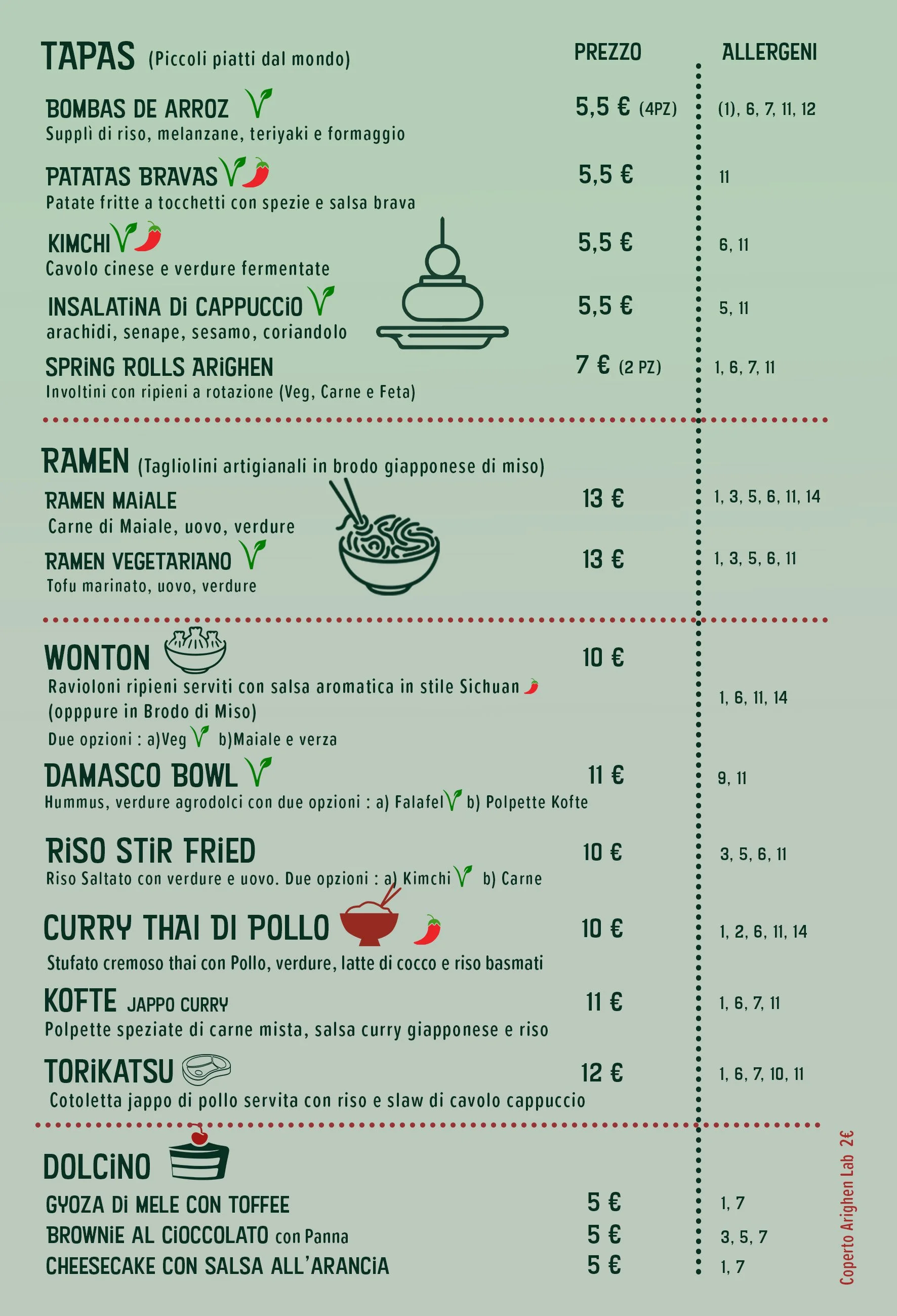Menu di un ristorante con varie opzioni di tapas, ramen, piatti asiatici e dolci, con prezzi e allergeni indicati.