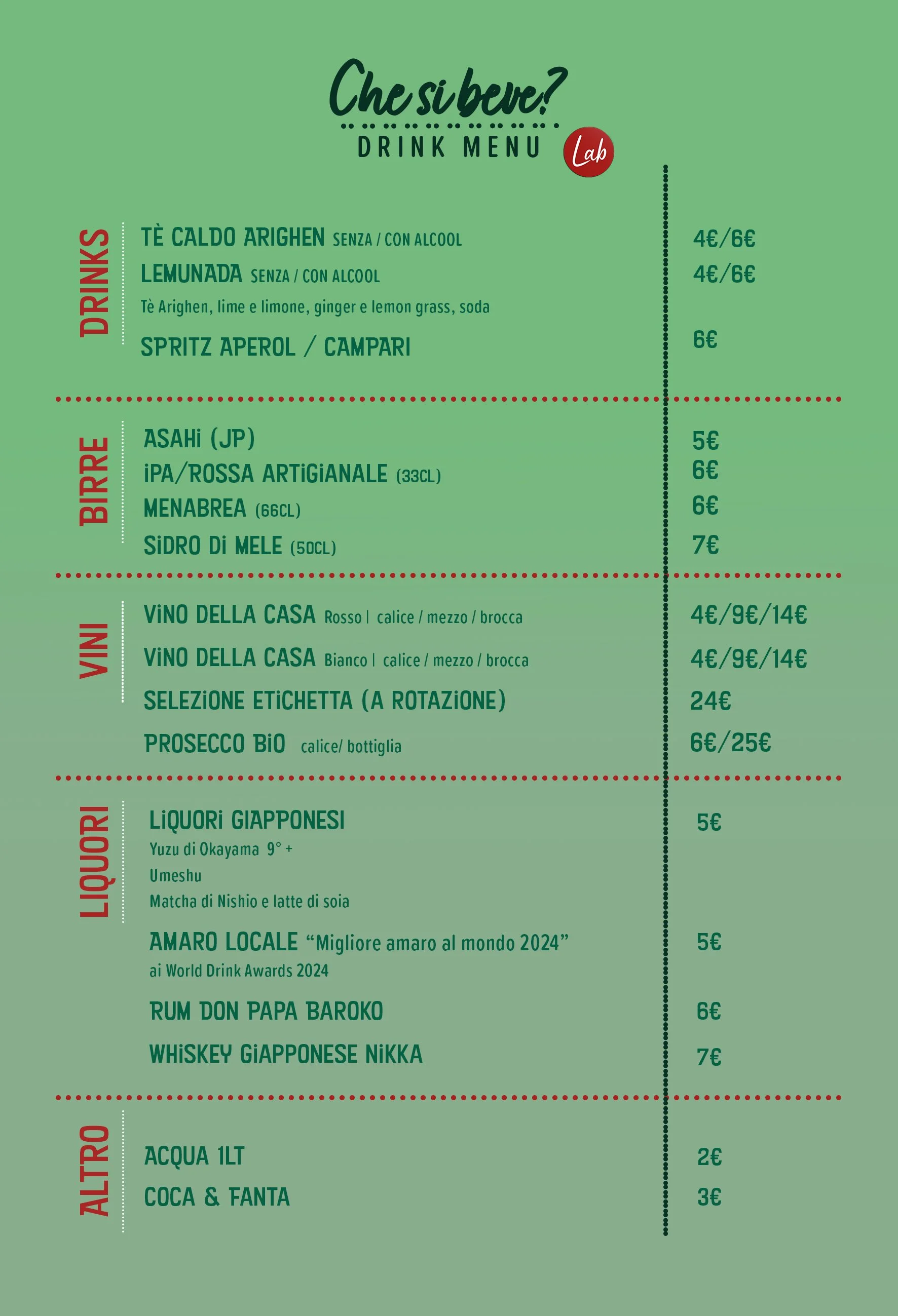 Menu di bevande con sezioni per tè, bibite, vini, liquori e altri, scritto in italiano con prezzi indicati in euro su sfondo verde.