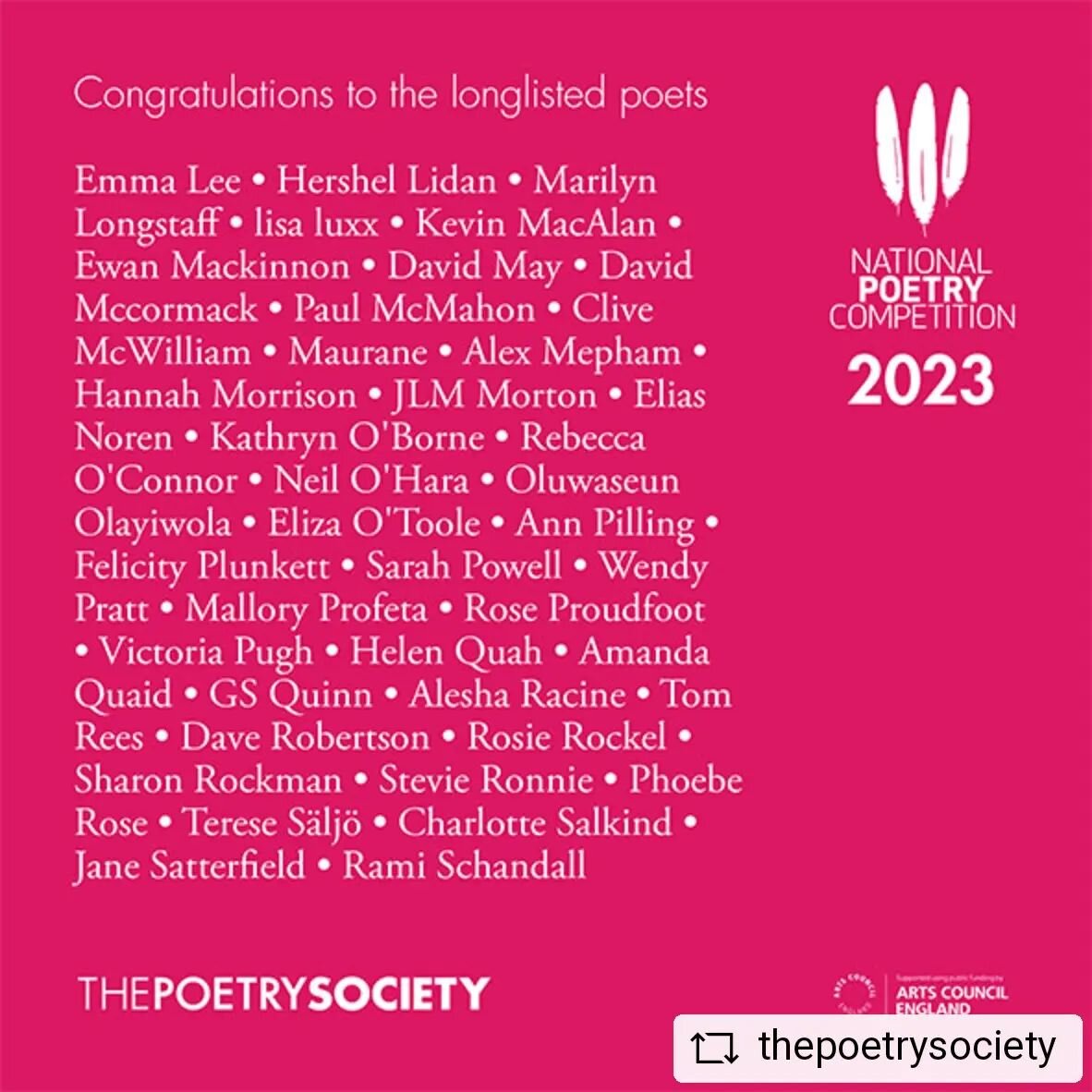 Thrilled to be on this list - never entered before and it was a last minute throw-caution-to-the-wind move! To be selected from 19,030 poems by 8,841 poets from 110 countries is...very strange and mind blowing 😻Thanks to the judges @poetclare Will H