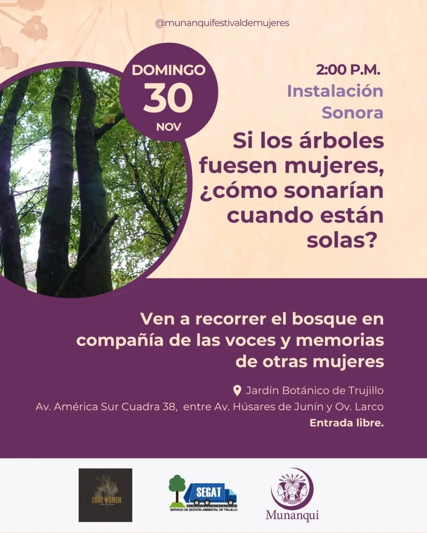 Next Sunday my disembodied voice will be in the Jardin Bot&aacute;nico in Trujilo, Peru (!) joining the voices of Peruvian women and a global audio community transcending language and borders. 

This fascinating installation created by brilliant Scot
