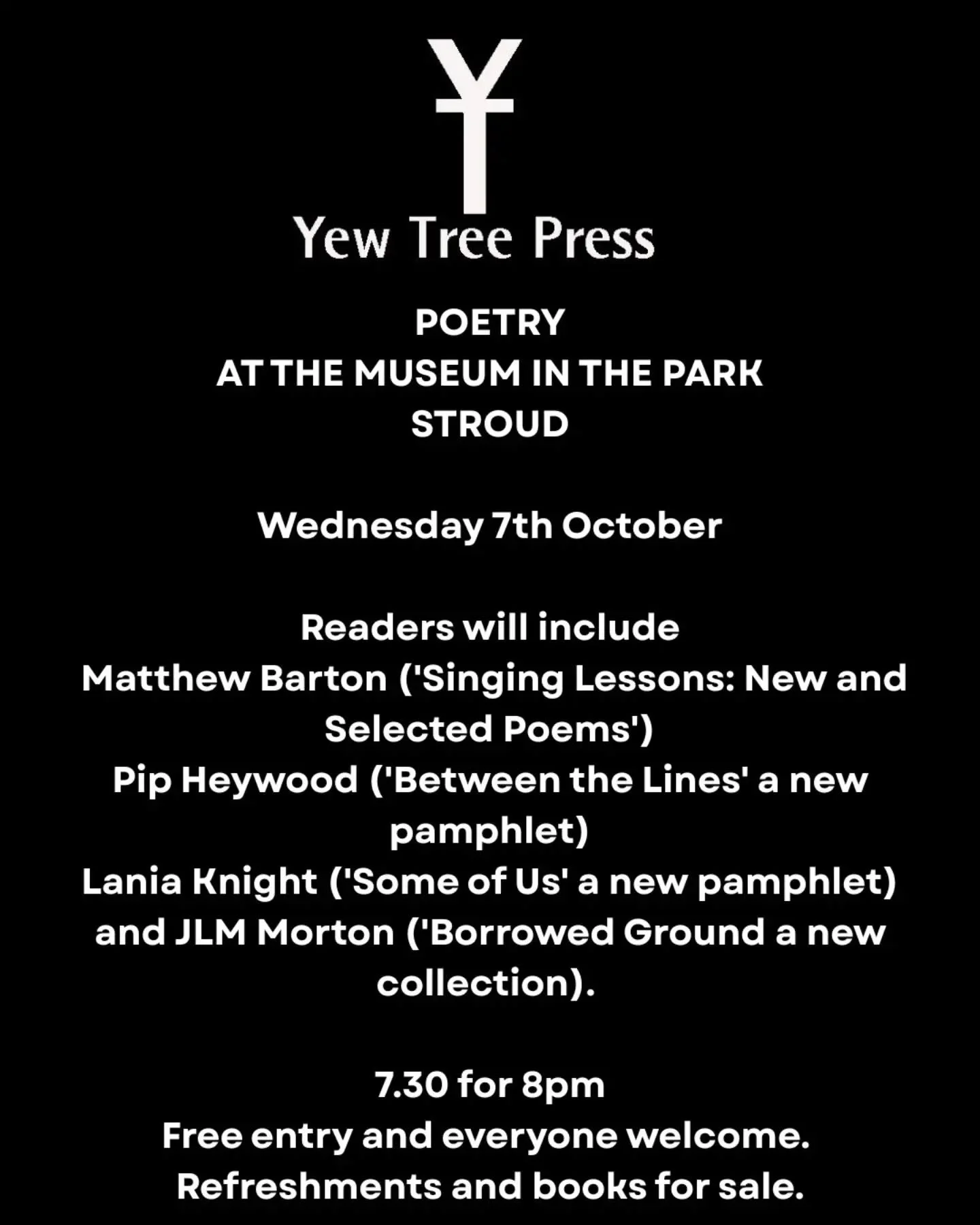 Poetry at Museum in the Park, 7th October. Free entry and everyone welcome 🖤