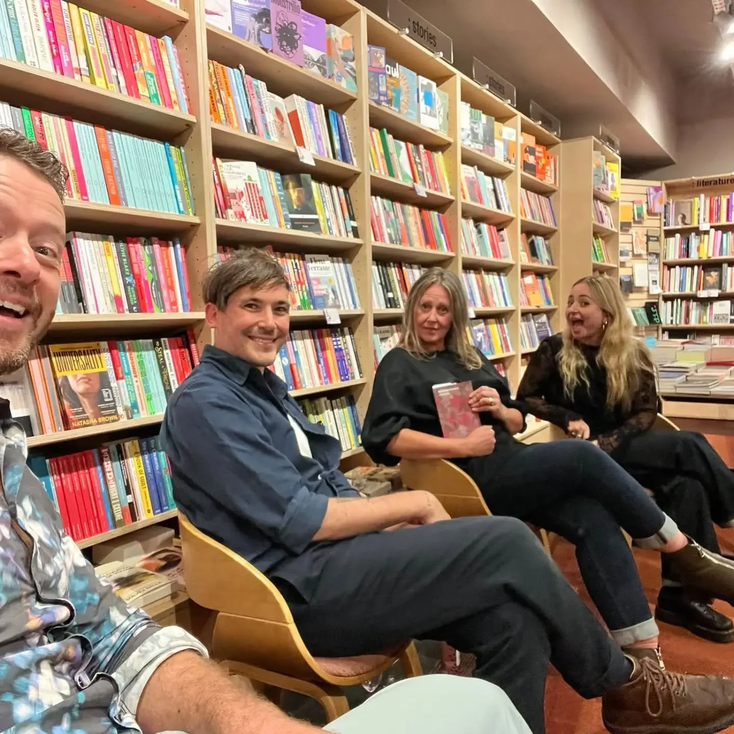 Bringing down the haus at @bookhausbristol w these brilliant Bristolians (and their (our) footwear)! Amazing readings from these legends, a real treat to hear their work 🤍✨️💫📯