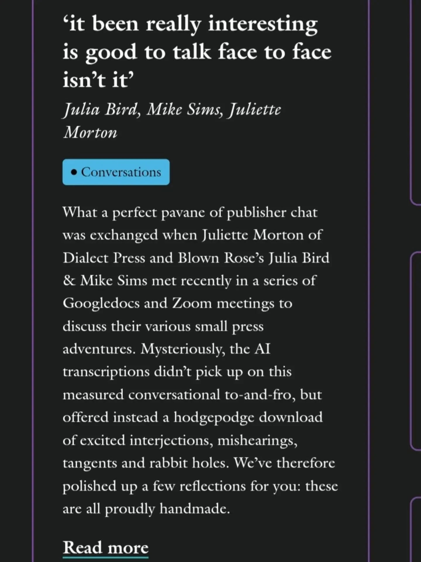 "it been really interesting is good to talk face to face isn't it" Julia Bird, Mike Sims, Juliette Morton in conversation on small press publishing, an online exclusive over on Poetry London 🤌🏽
.
@poetry_london