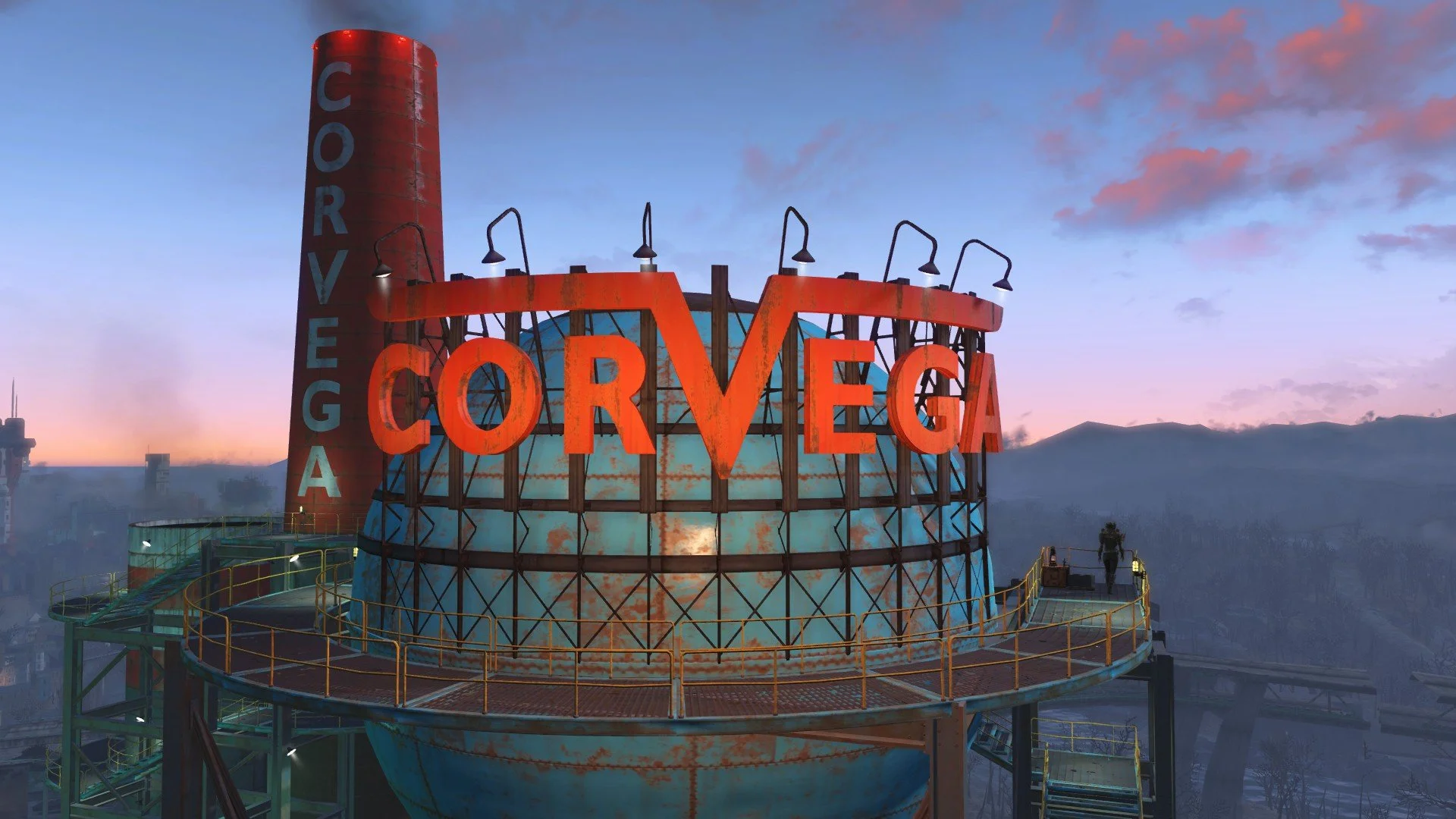 Red Corvega Assembly Plant sign, top of Corvega building