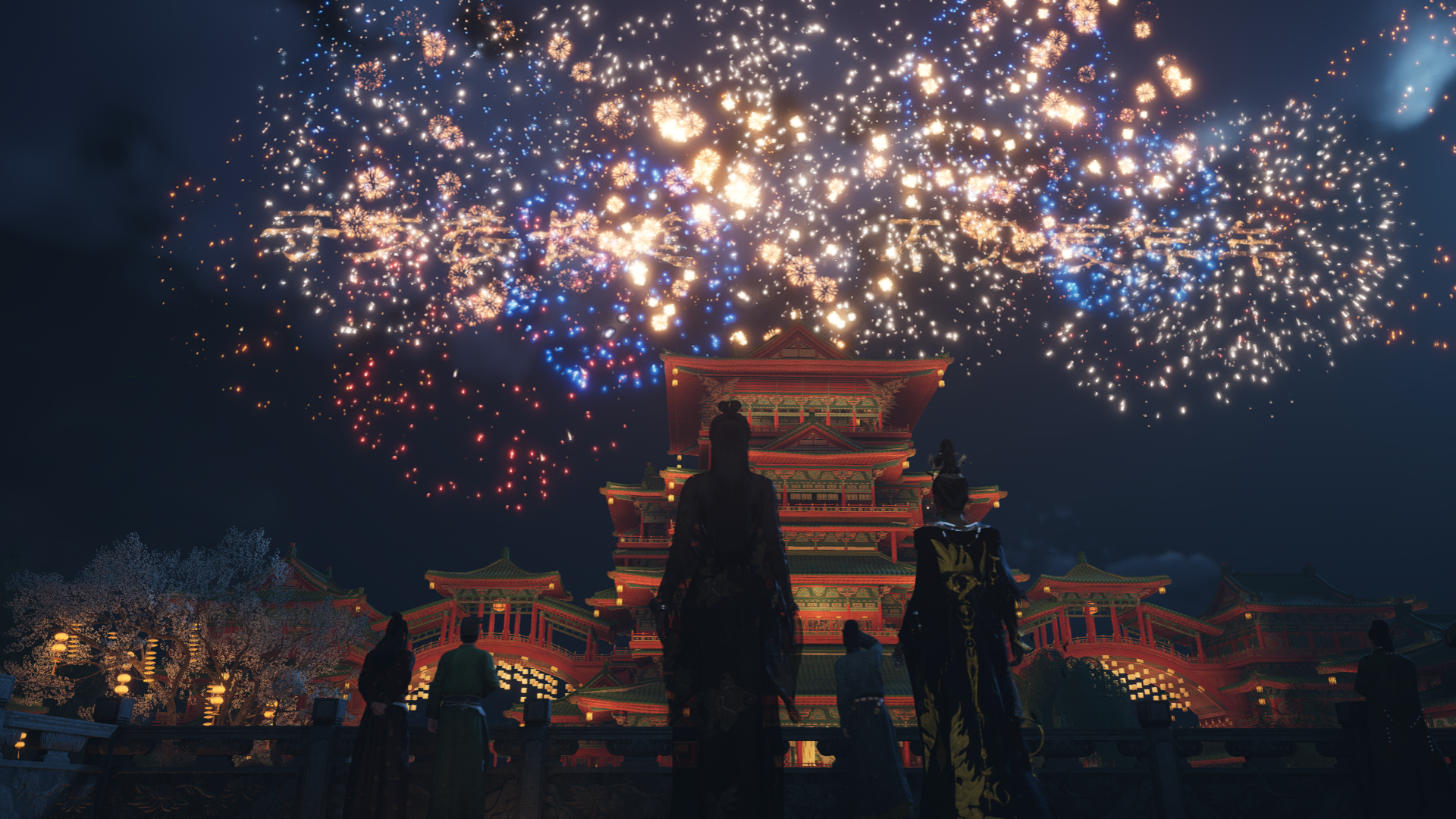 People watching fireworks over a traditional Japanese building at night.