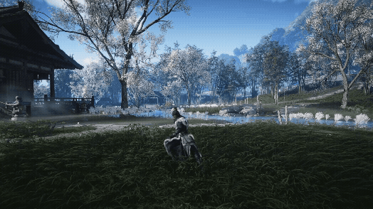 black woman exercising in field with green grass with trees with white flowers in game Where Winds Meet