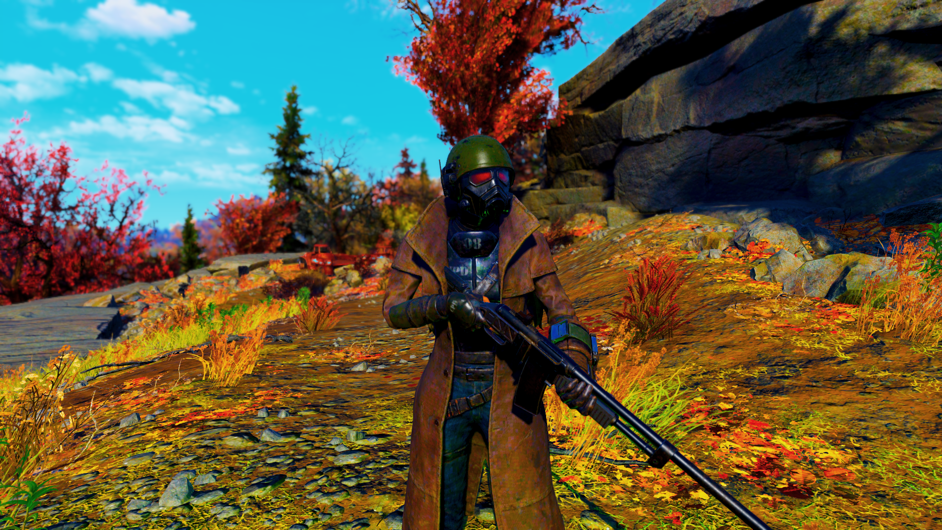 Person holding a rifle, wearing green helmet with red eyes and gas mask and brown trench coat, Fallout 76 Ranger Outfit from Fallout 1st