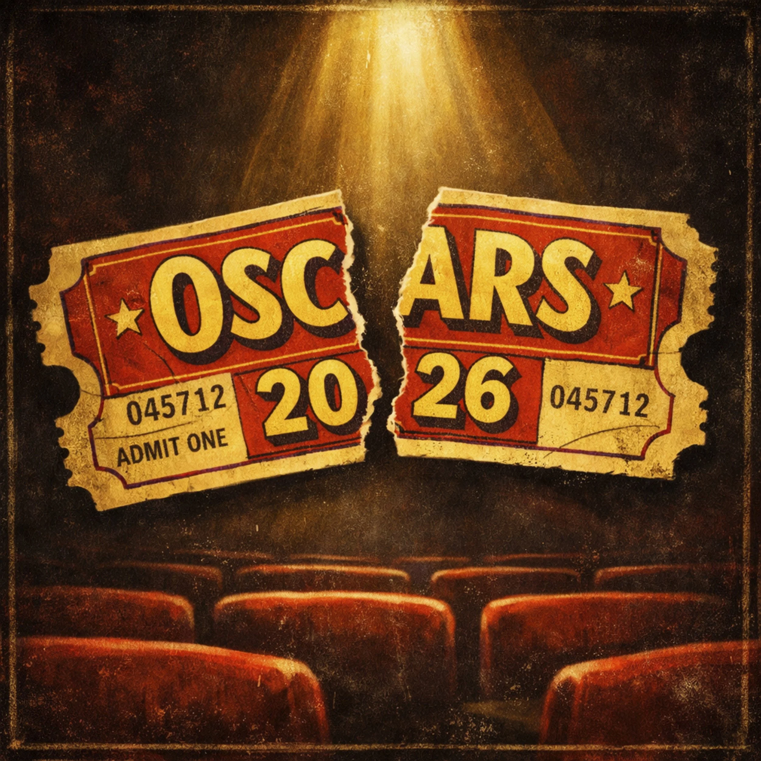 A vintage-style movie ticket stub torn in half, with "OSCARS 2026" printed on it in bold retro font, set against a dark theater background with a faint golden spotlight — warm tones, slightly worn texture, classic movie poster feel.