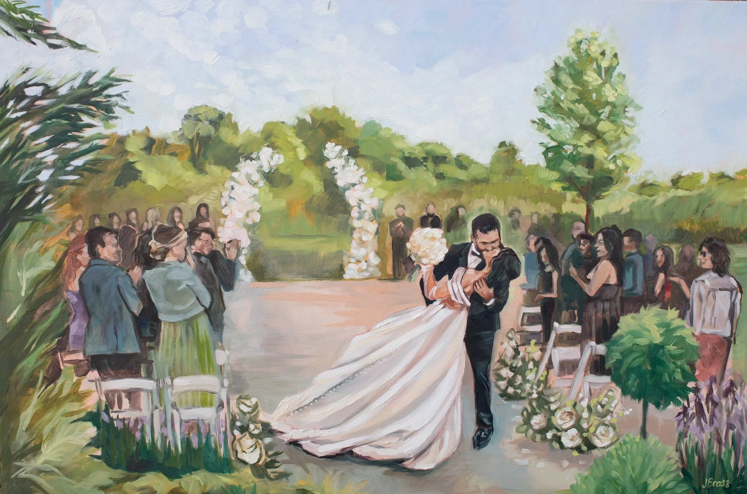 A live wedding painting from Buffalo New York, Western New York, Rochester, New York. A bride and groom embrace and kiss during a wedding ceremony outdoors, surrounded by guests seated in chairs, with an arch of white flowers beyond them, in a green 