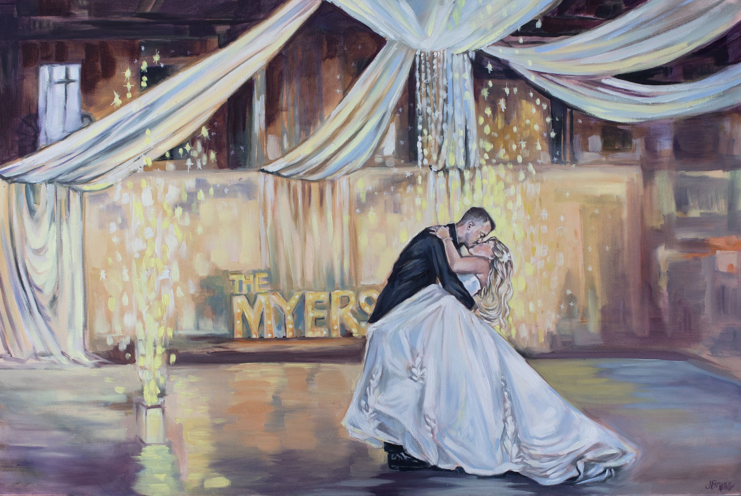 A live wedding painting from Buffalo New York, Western New York, Rochester, New York. The venue is The Powerhouse in Buffalo NY. A couple dancing romantically in front of a decorated wedding stage with drapes, twinkling lights, and a sign that says '