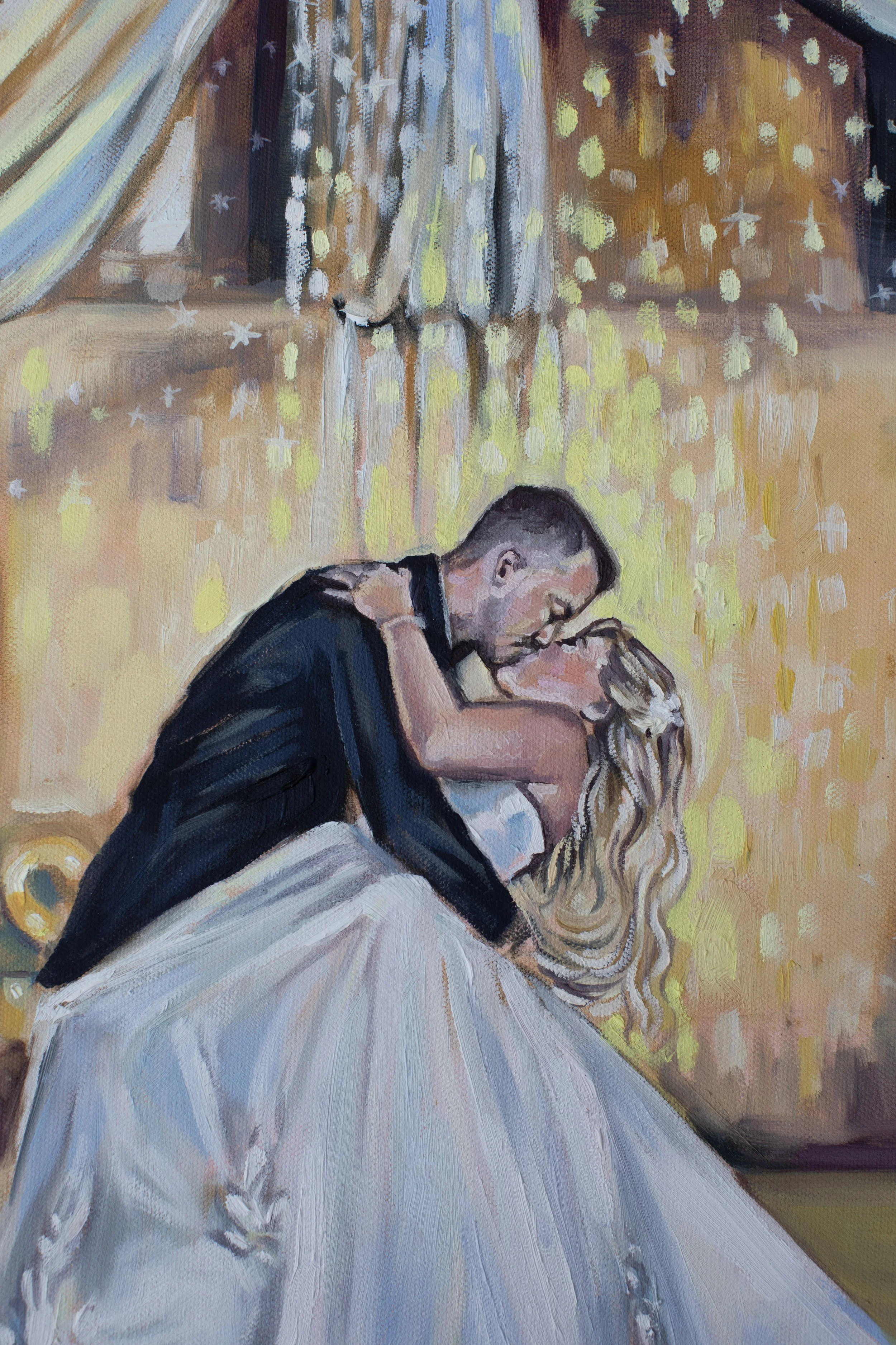 A live wedding painting at the Powerhouse in Buffalo, NY. Painting of a couple kissing, dressed in formal attire, in a romantic setting with warm lighting and curtains in the background.