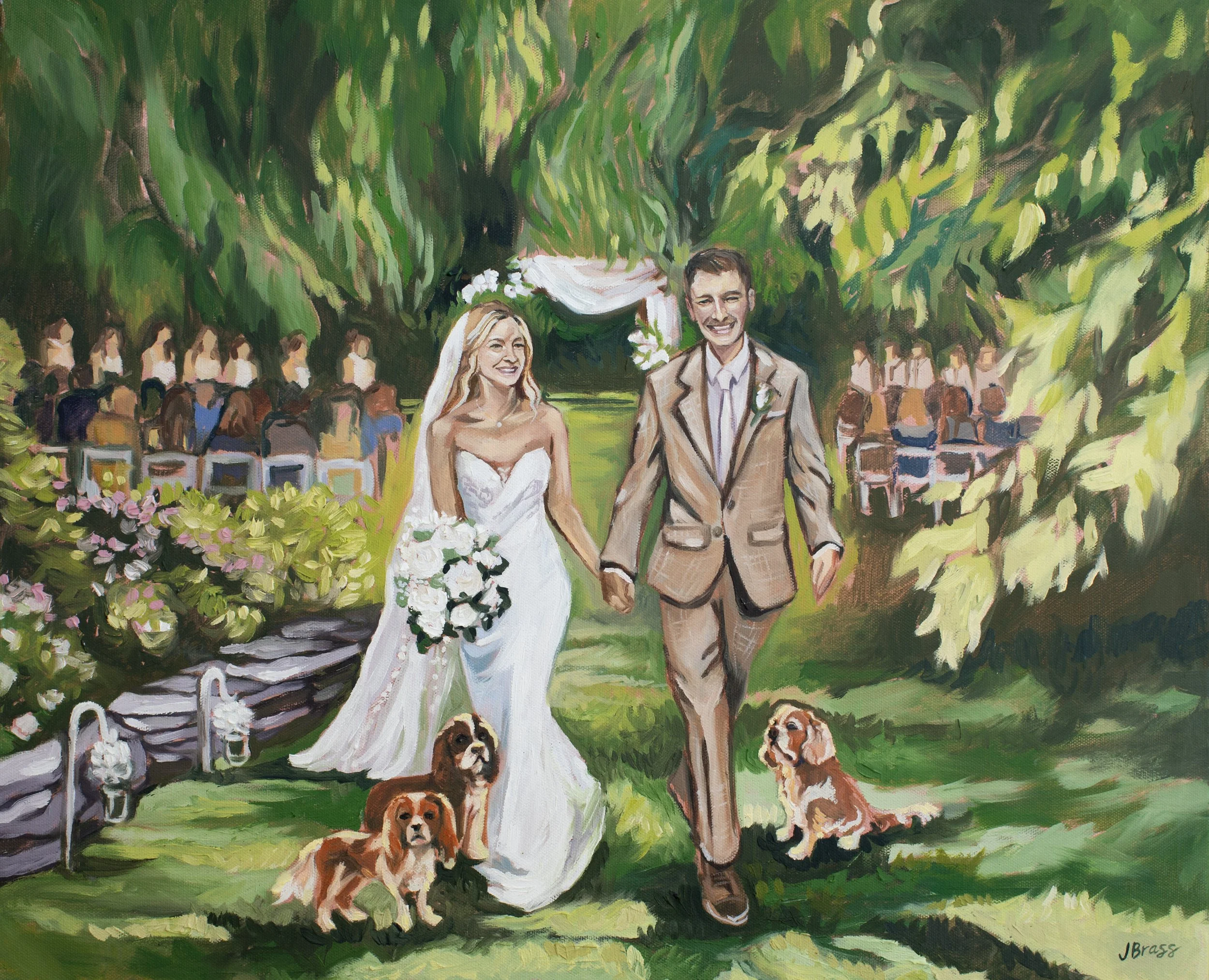 Buffalo Wedding Painting at Binksberry Hollow. A couple walks down the aisle with three dogs at their sides. 