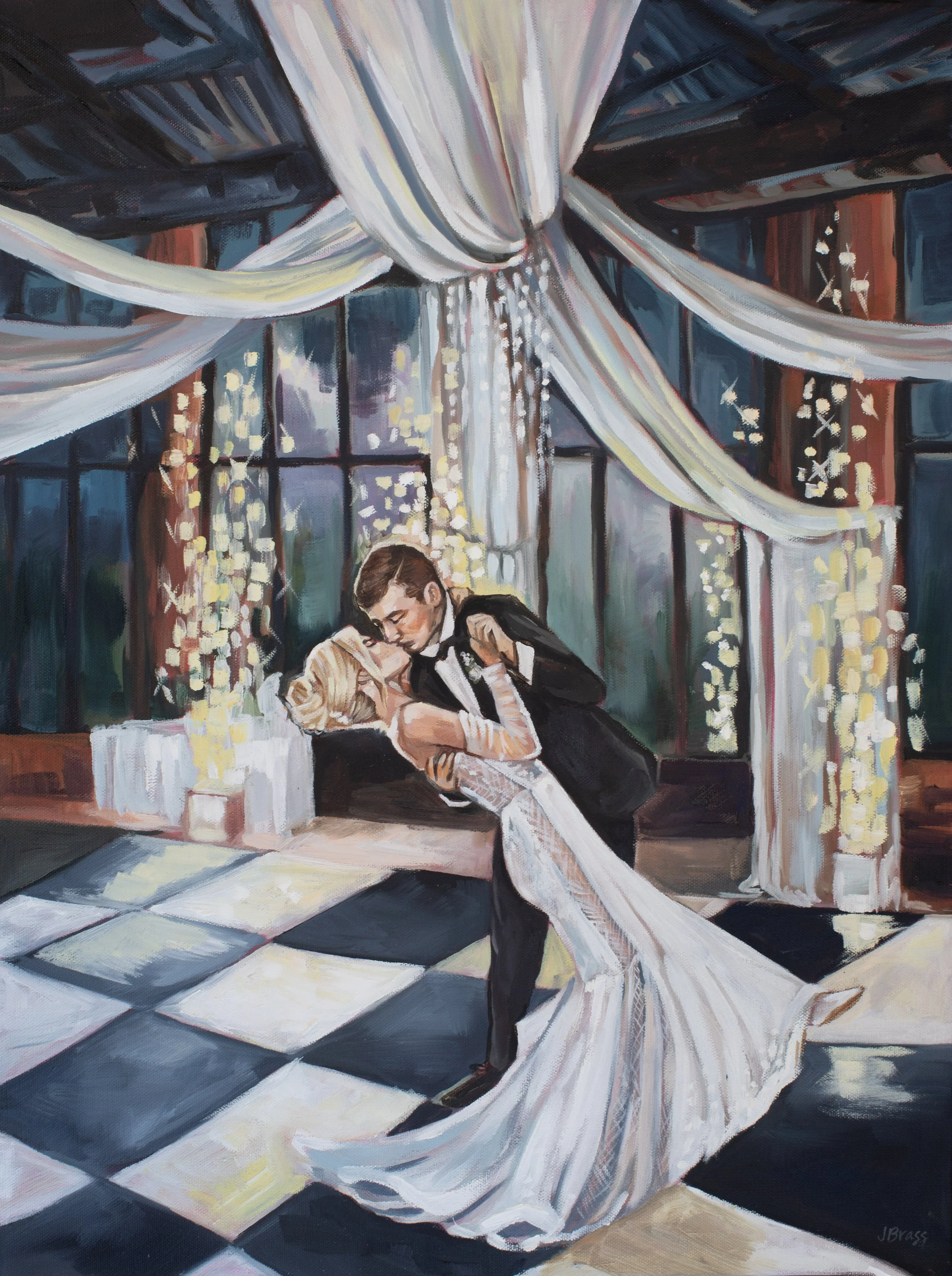 Painting of a newlywed couple dancing in a reception hall with large windows, filled with string lights and decorated with flowing white drapes.