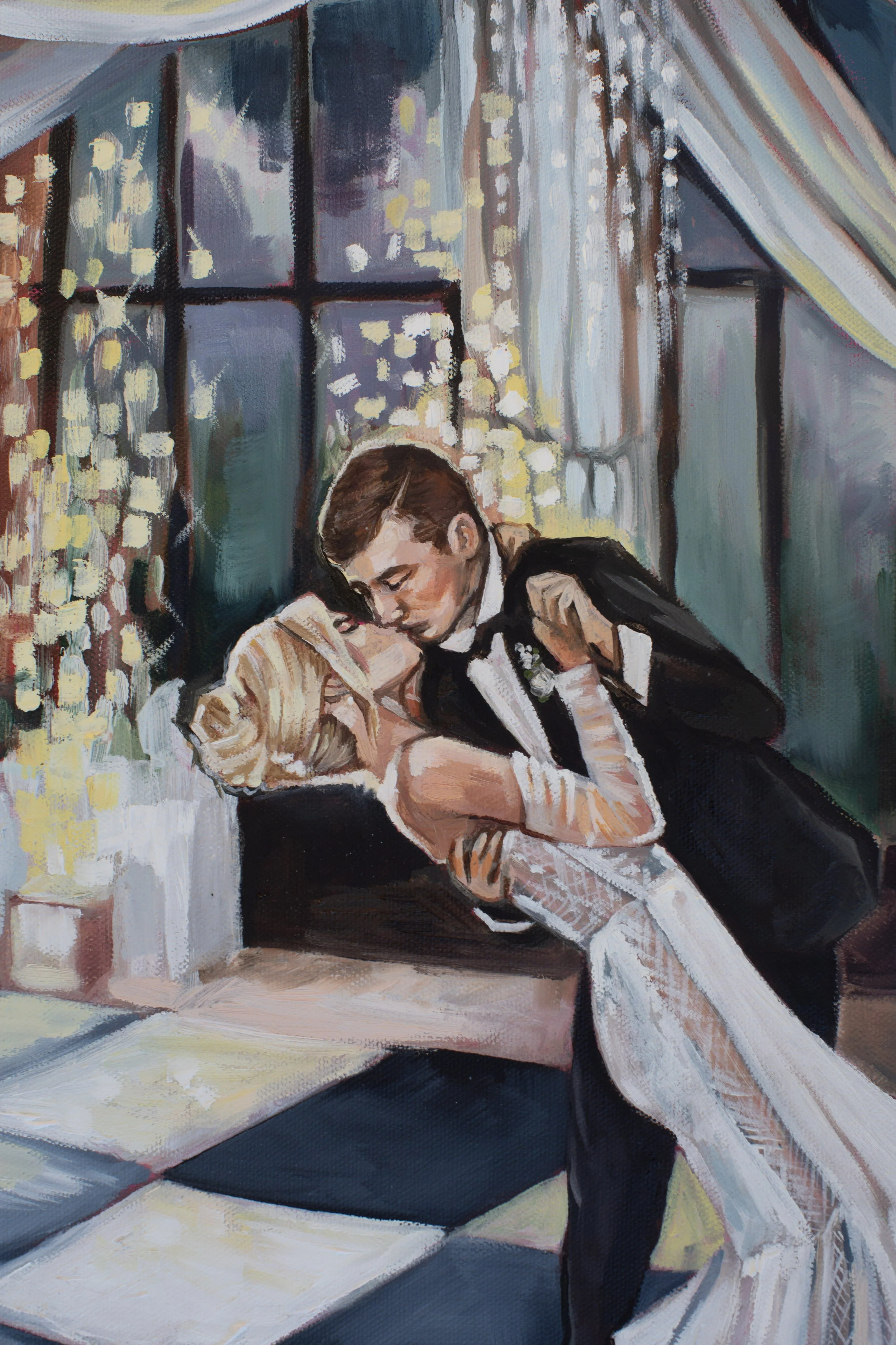 A painting of a bride and groom sharing a kiss during their wedding, with the bride wearing lace gloves and a wedding dress, and the groom in a tuxedo, set against a background of a decorated indoor venue with window and hanging lights.