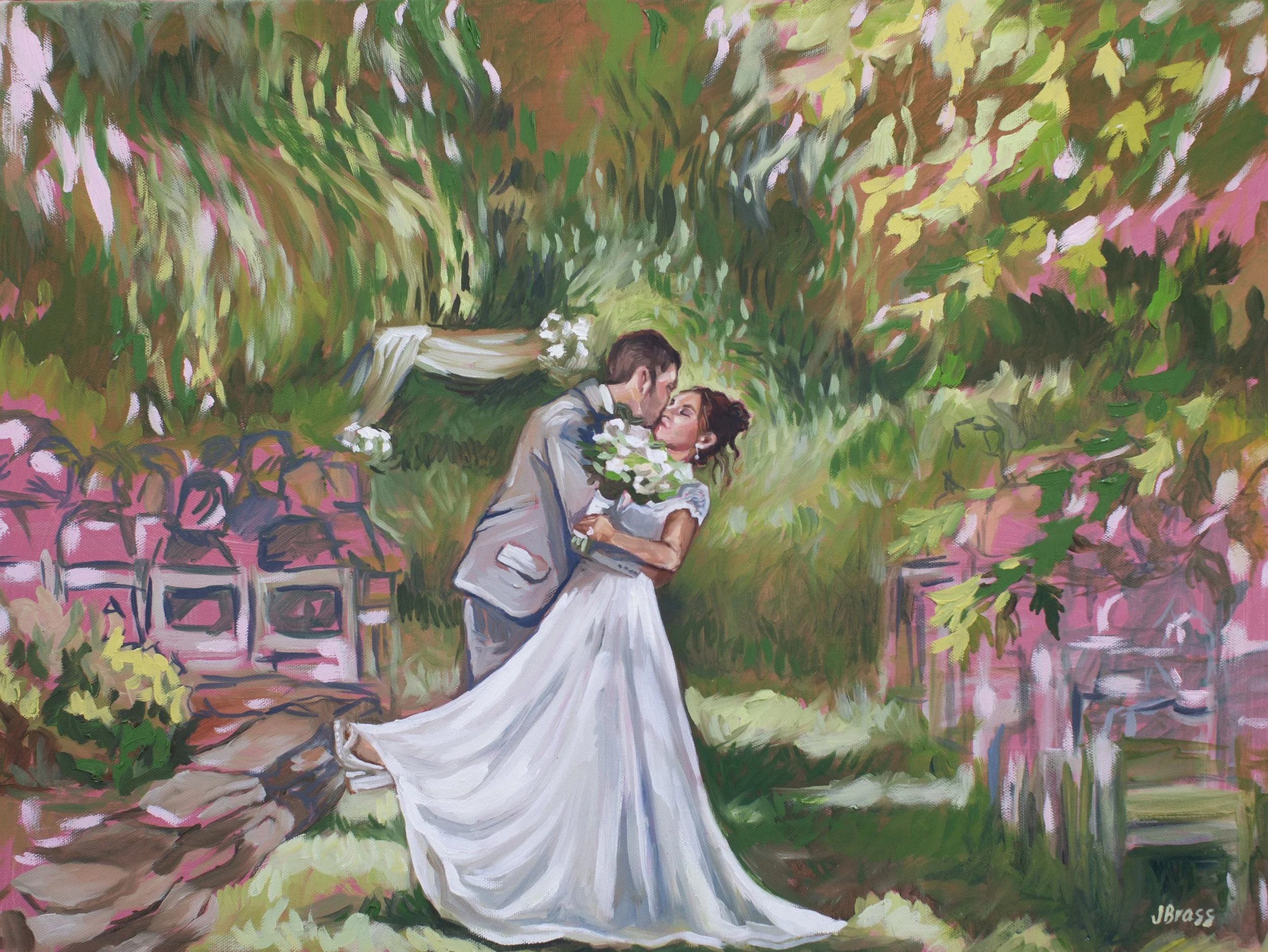 Buffalo Wedding Painting by Jess Brass Art, a couple kisses at Binksberry Hollow, the greenery is full of movement and the painting fades out to pink in at the sides