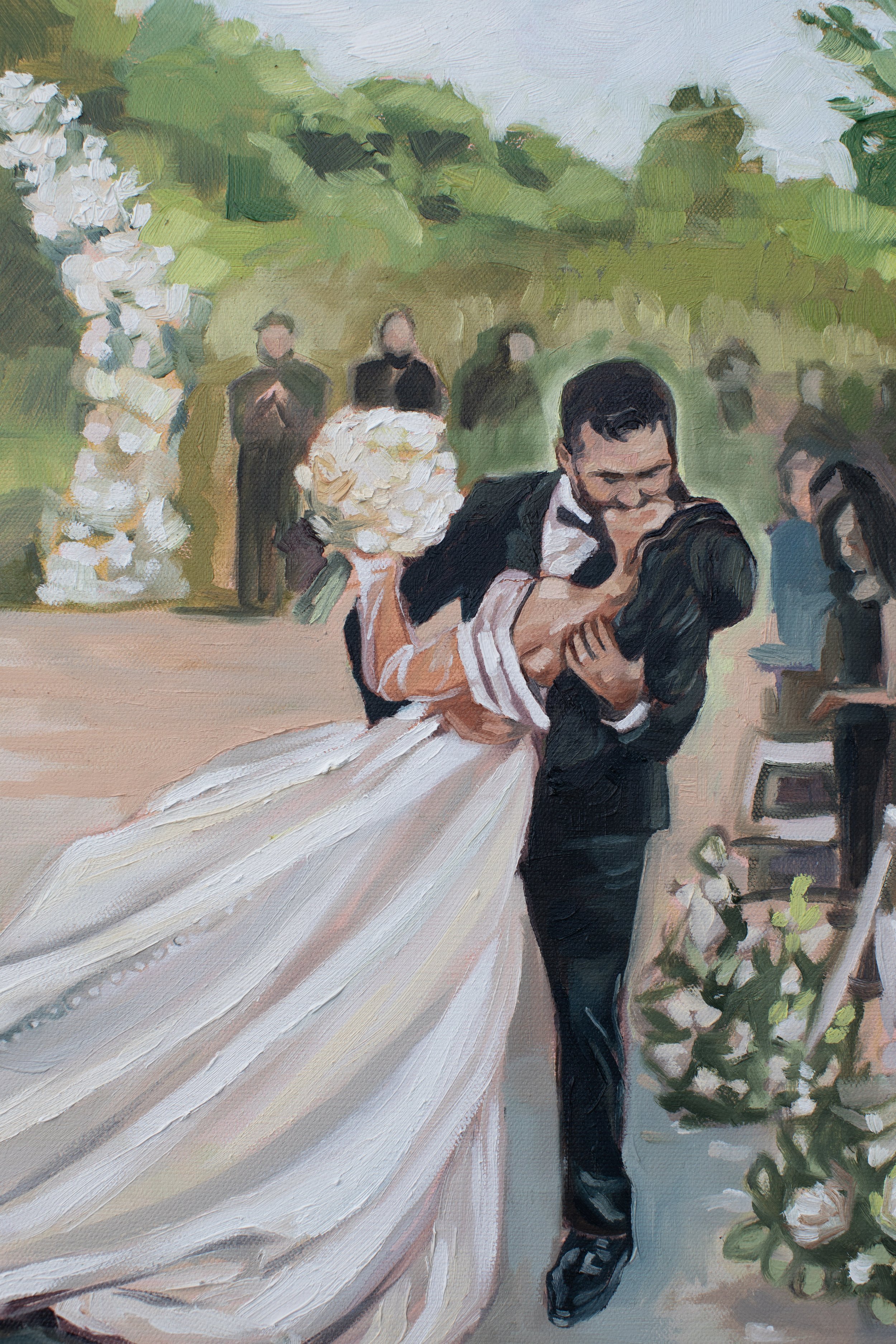 A live wedding painting from Buffalo New York, Western New York, Rochester, New York. A person in a tuxedo dips a bride in a wedding dress as they dance outdoors, with a decorated arch and guests in the background.