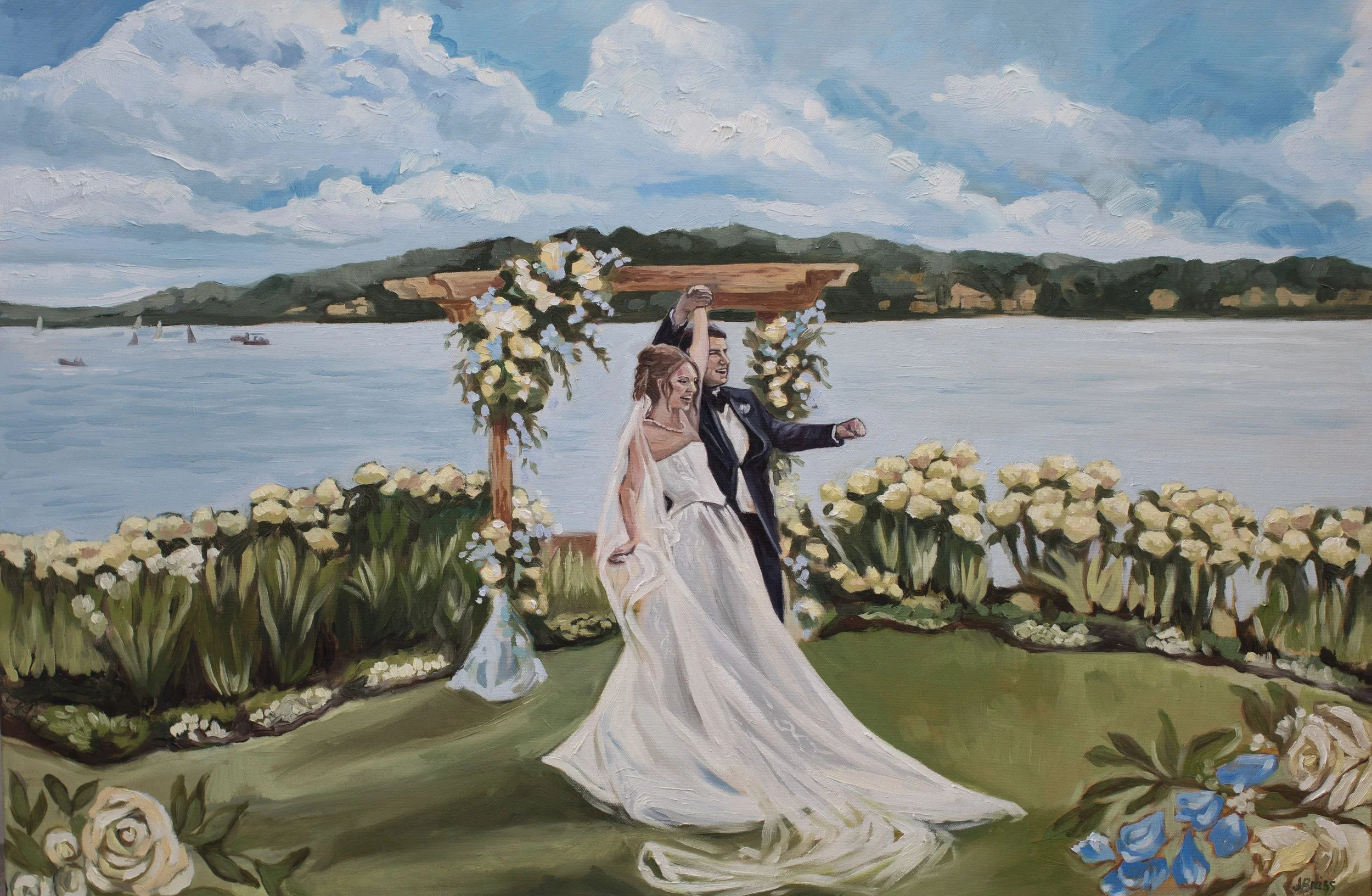 A live wedding painting from Buffalo New York, Western New York, Rochester, New York.  The venue is the Lake house on Canandaigua. An oil painting of a wedding scene by a lake with mountains and a partly cloudy sky in the background. The bride and gr