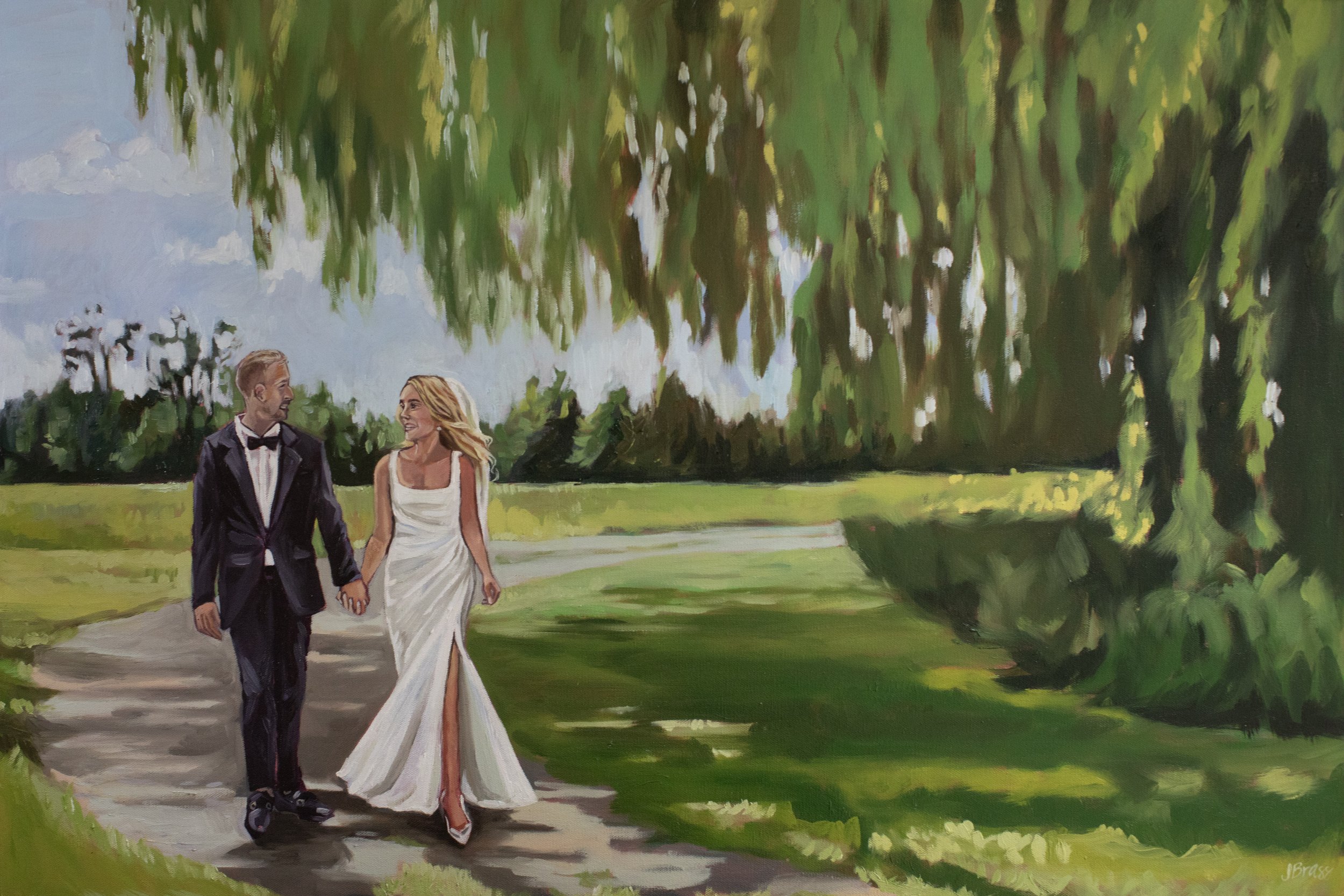 A couple walks at Akron Acres in NY. A wedding painting by Jess brass art out of Buffalo NY. The couple is holding hands and looking at each other under a willow tree 