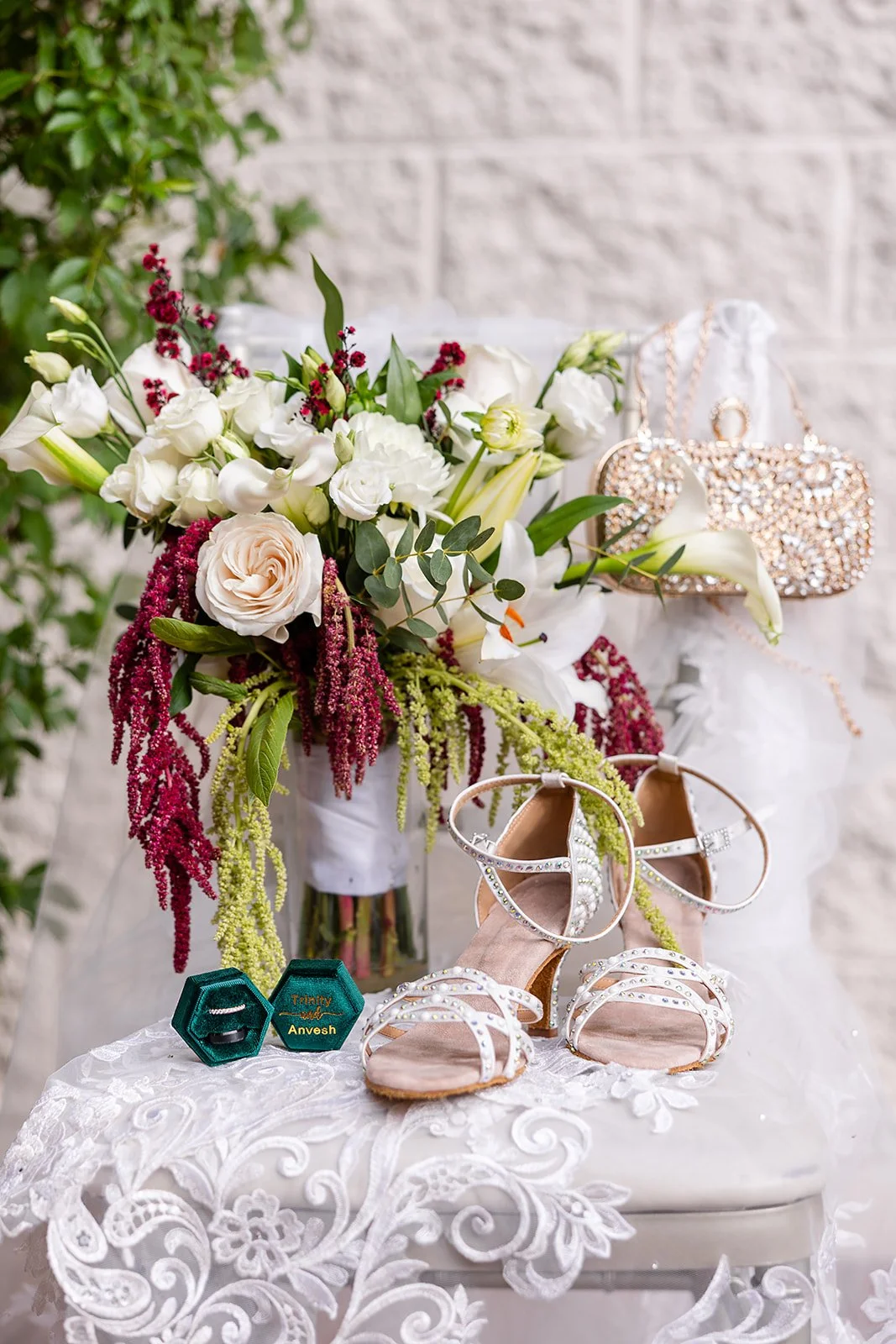 wedding flowers and shoes on a chair