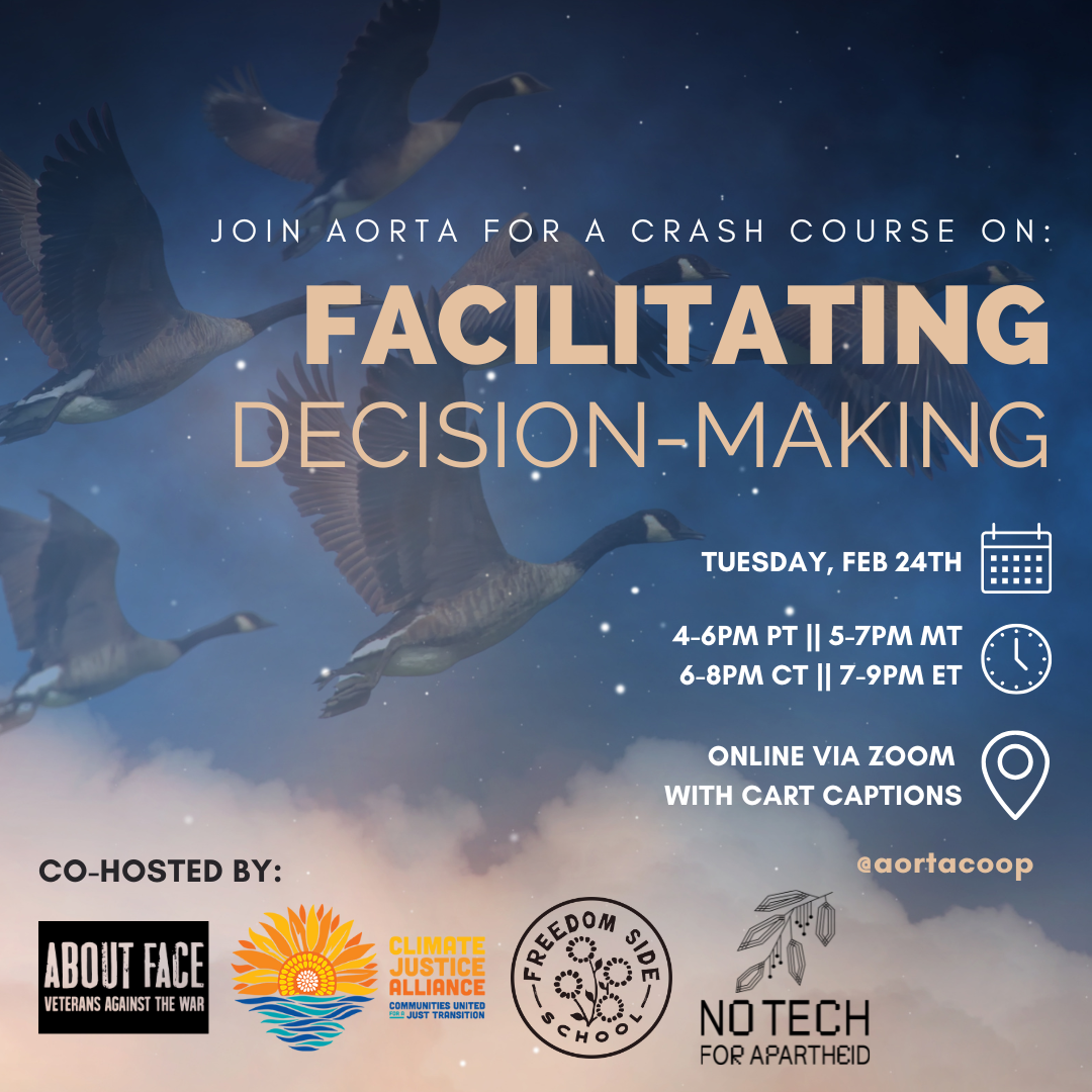 A photo background of a cloudy night sky. Superimposed on the image is a semi-transparent flock of geese in flight across the diagonal of the image. Overlaid on the image is text that reads, “Join AORTA for a crash course on: Facilitating decision ma