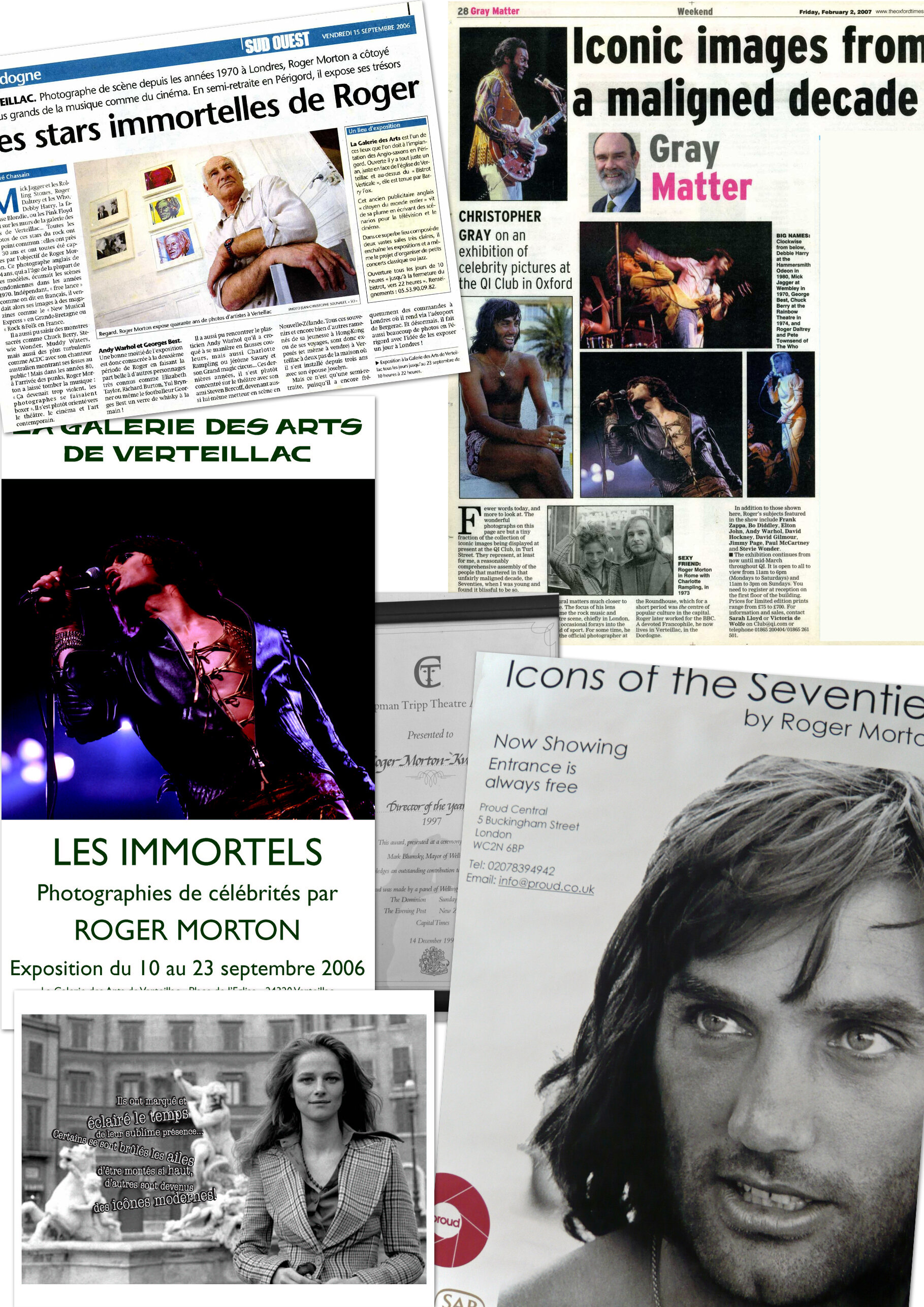 A montage of previous publicity for Roger Morton's work.