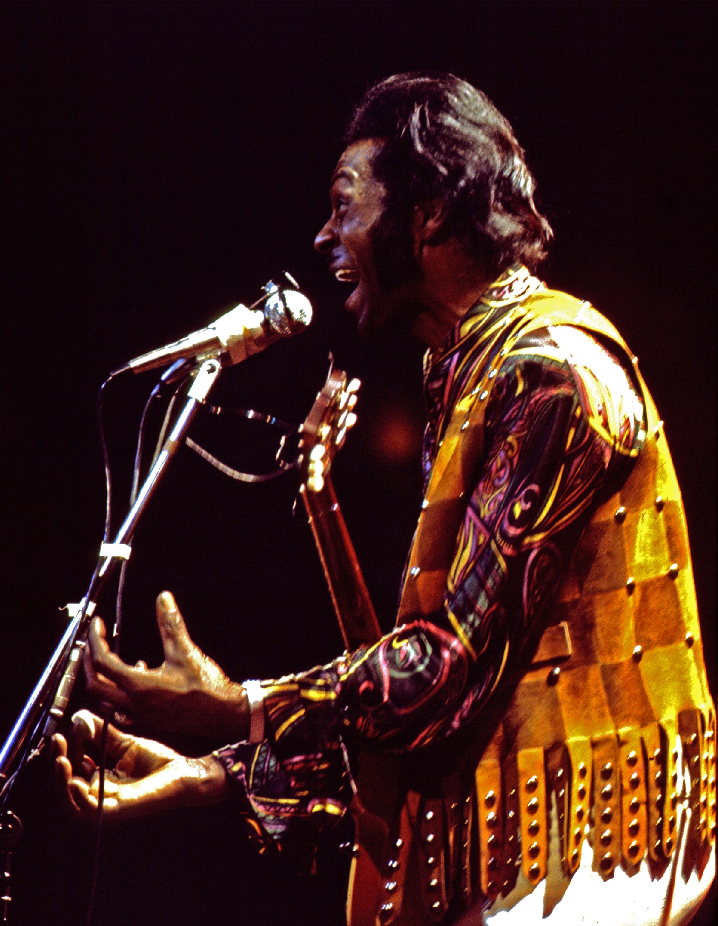 Chuck Berry singing at the Rainbow Theatre, London, 1975