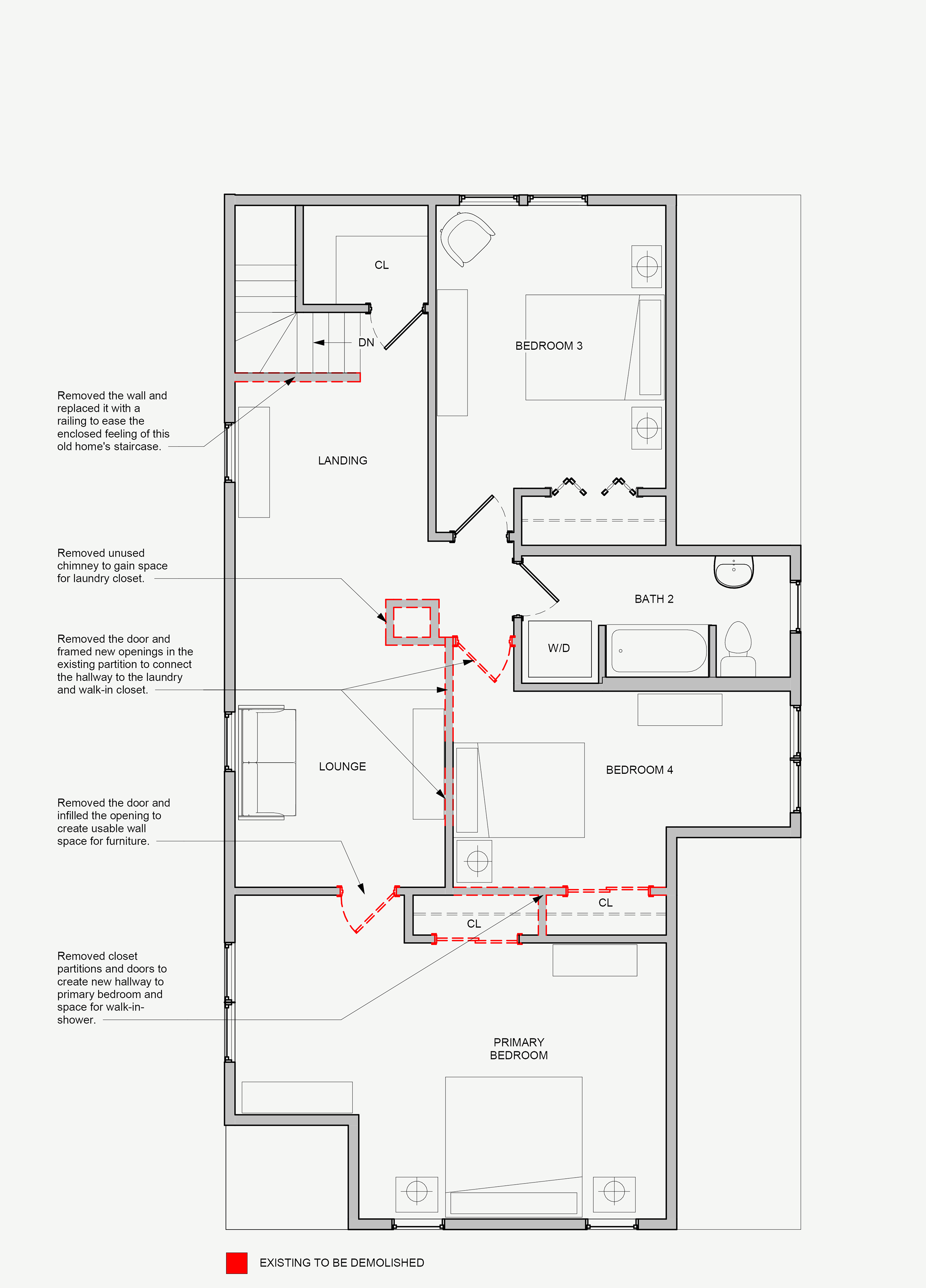 Existing conditions level 2 floor plan showing areas to be demolished in dashed red linework.