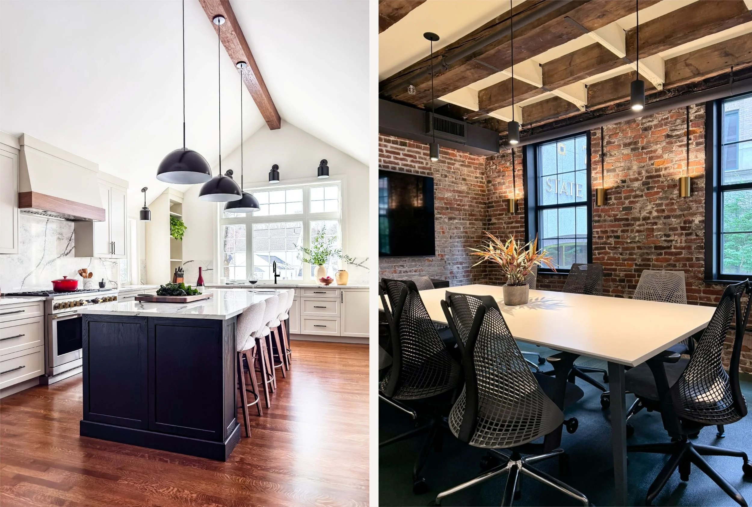 Split hero image showing a vaulted kitchen addition with black island on the left and a restored commercial conference room with exposed brick on the right, both designed by Tact & Grit Design Co.