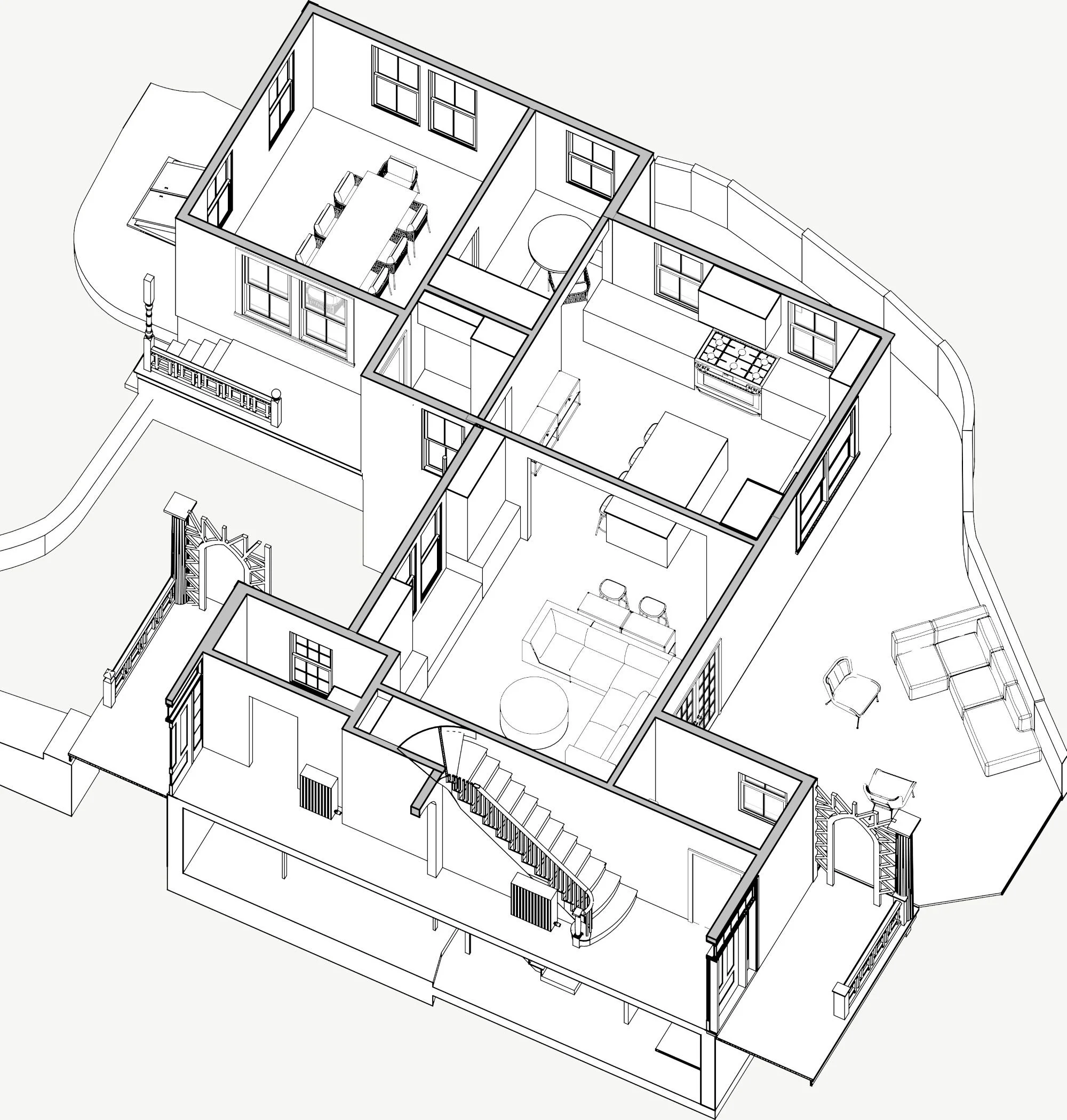 Axonometric drawing of the reconfigured first level of an 1846 Victorian home in Newton MA showing proposed kitchen, dining room, living room, mudroom and stair layout