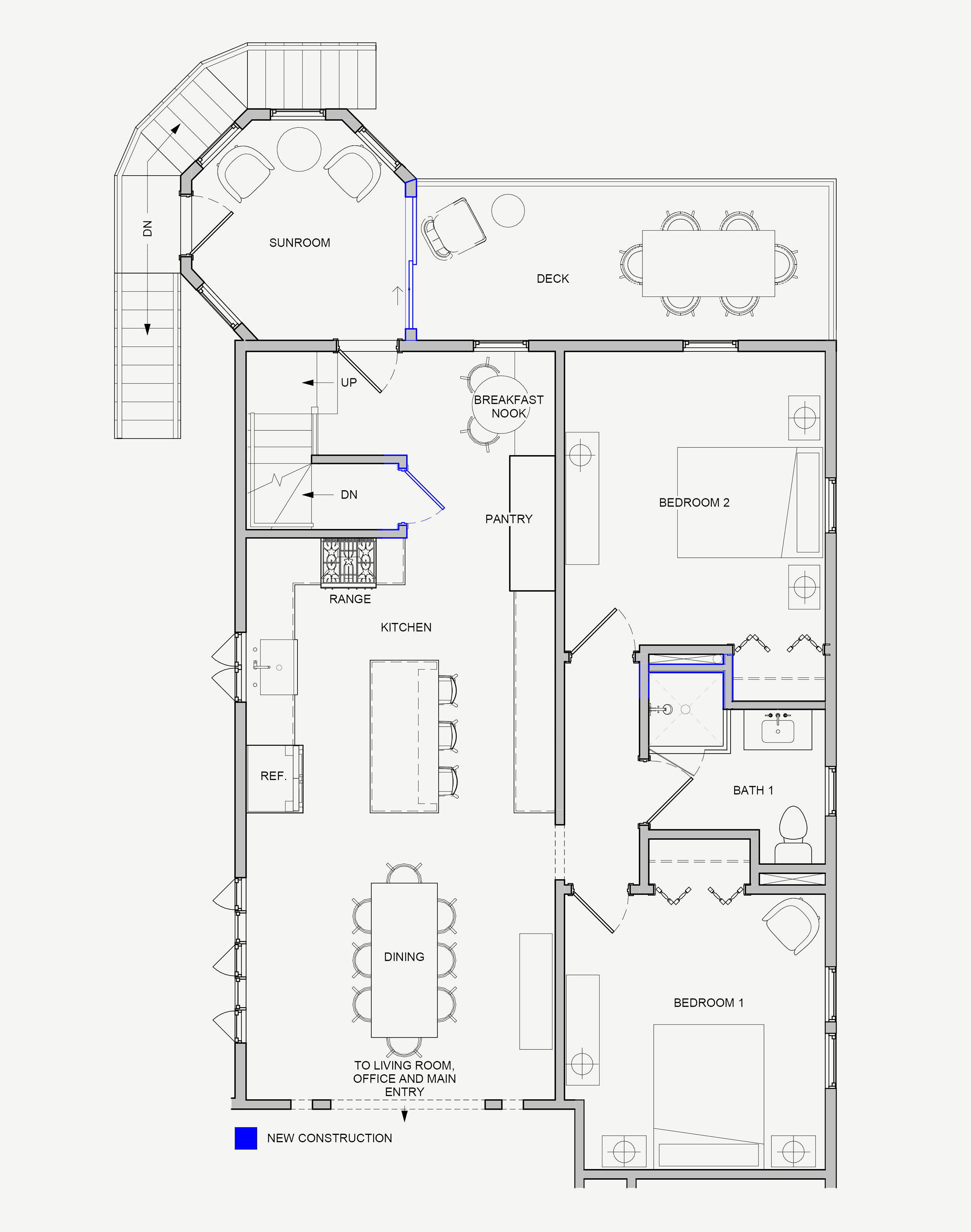 proposed level one floor plan with new construction illustrated with blue linework