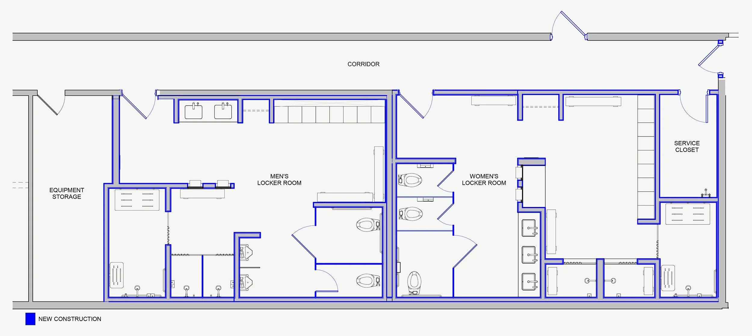 proposed floor plan indicating new partitions in blue linework for these locker rooms at Woburn Racquet Club