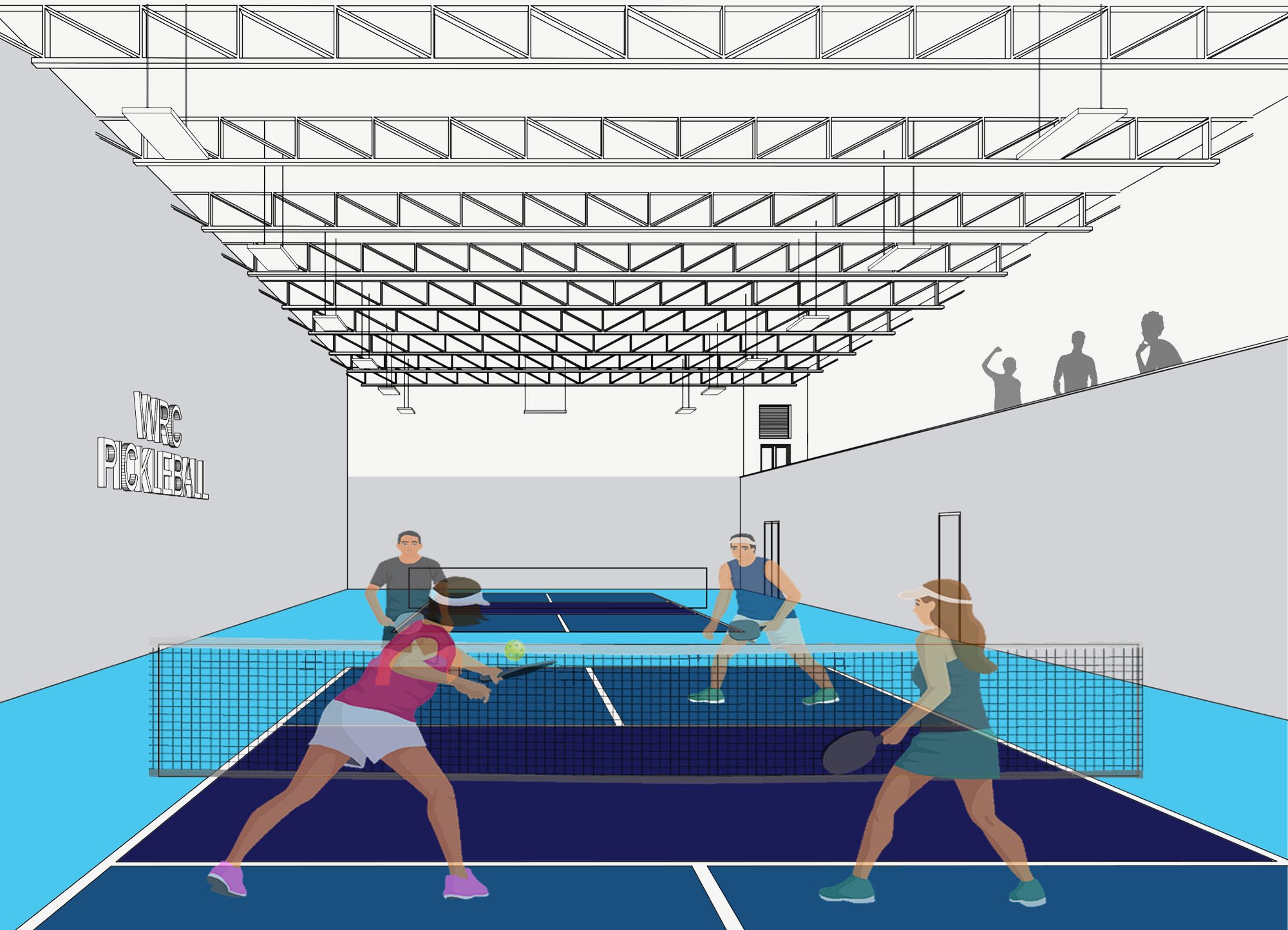 Rendering of people playing on pickleball court with custom blue and purple colors and exposed steel i-joists above