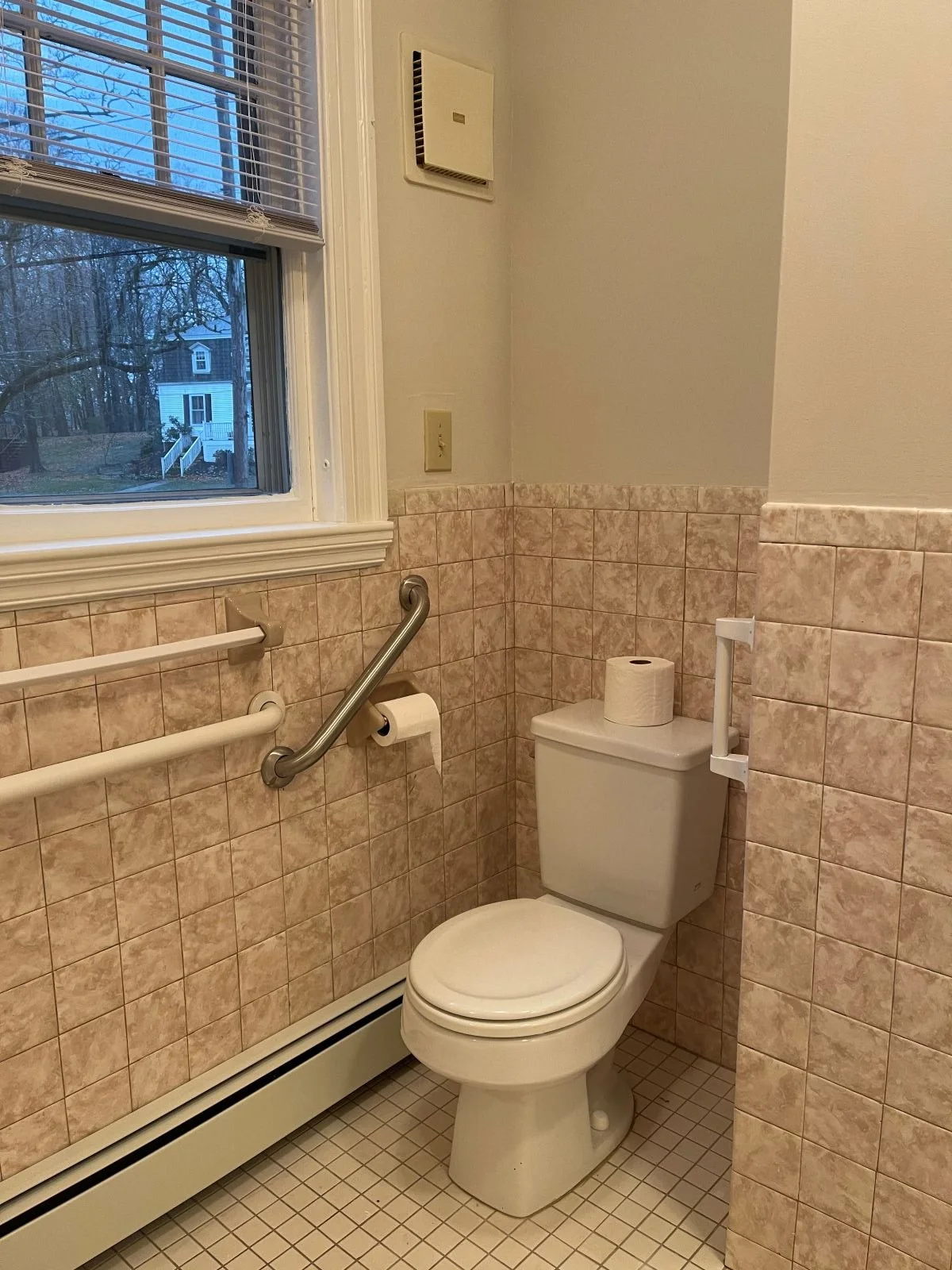 Toilet area with grab bar with square pink tile wainscotting prior to remodel