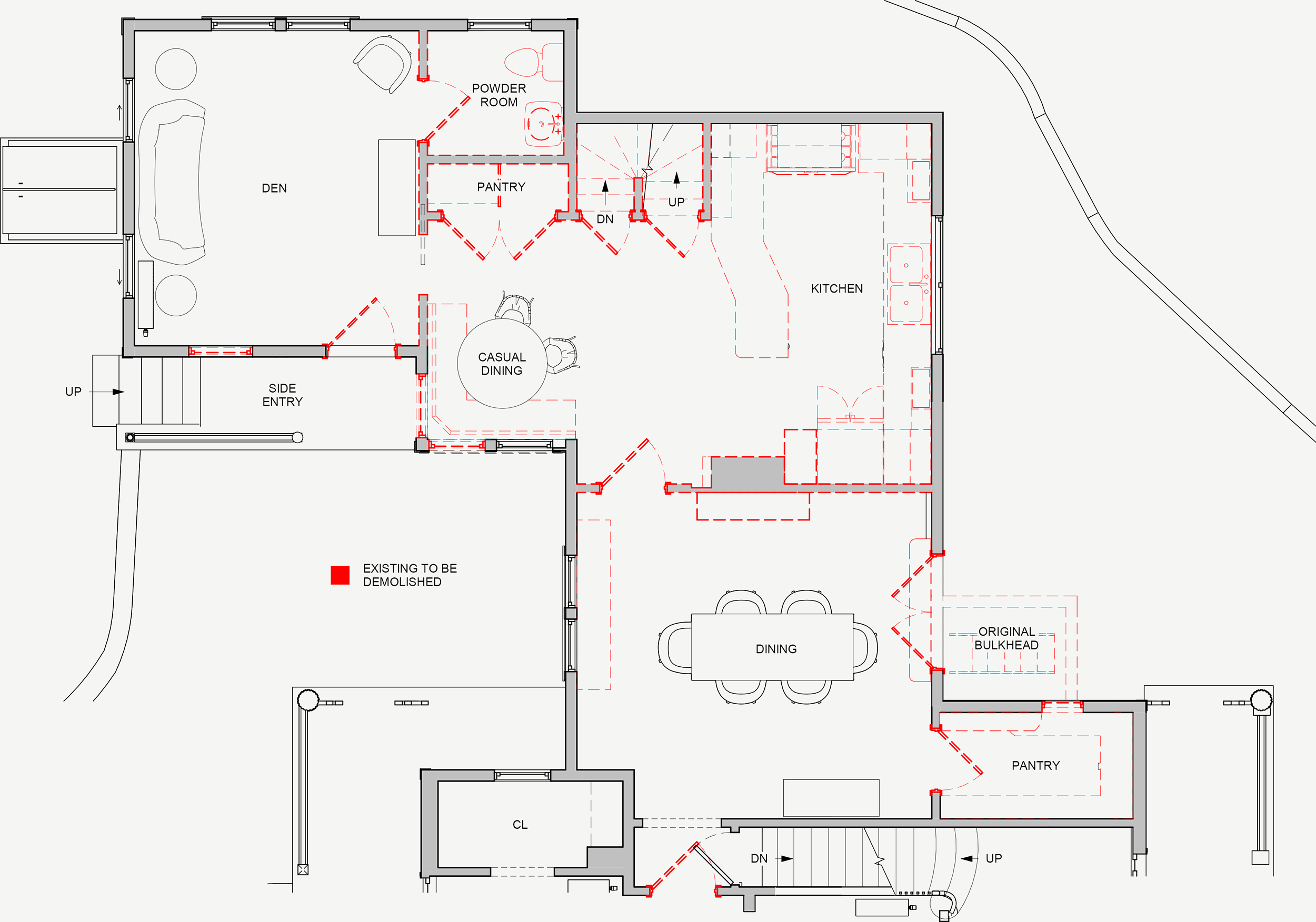 Demolition floor plan for the first level of an 1846 Victorian home remodel in Newton MA showing existing den, kitchen, dining room, pantry, powder room and stairs with red dashed linework indicating demolished partitions and elements